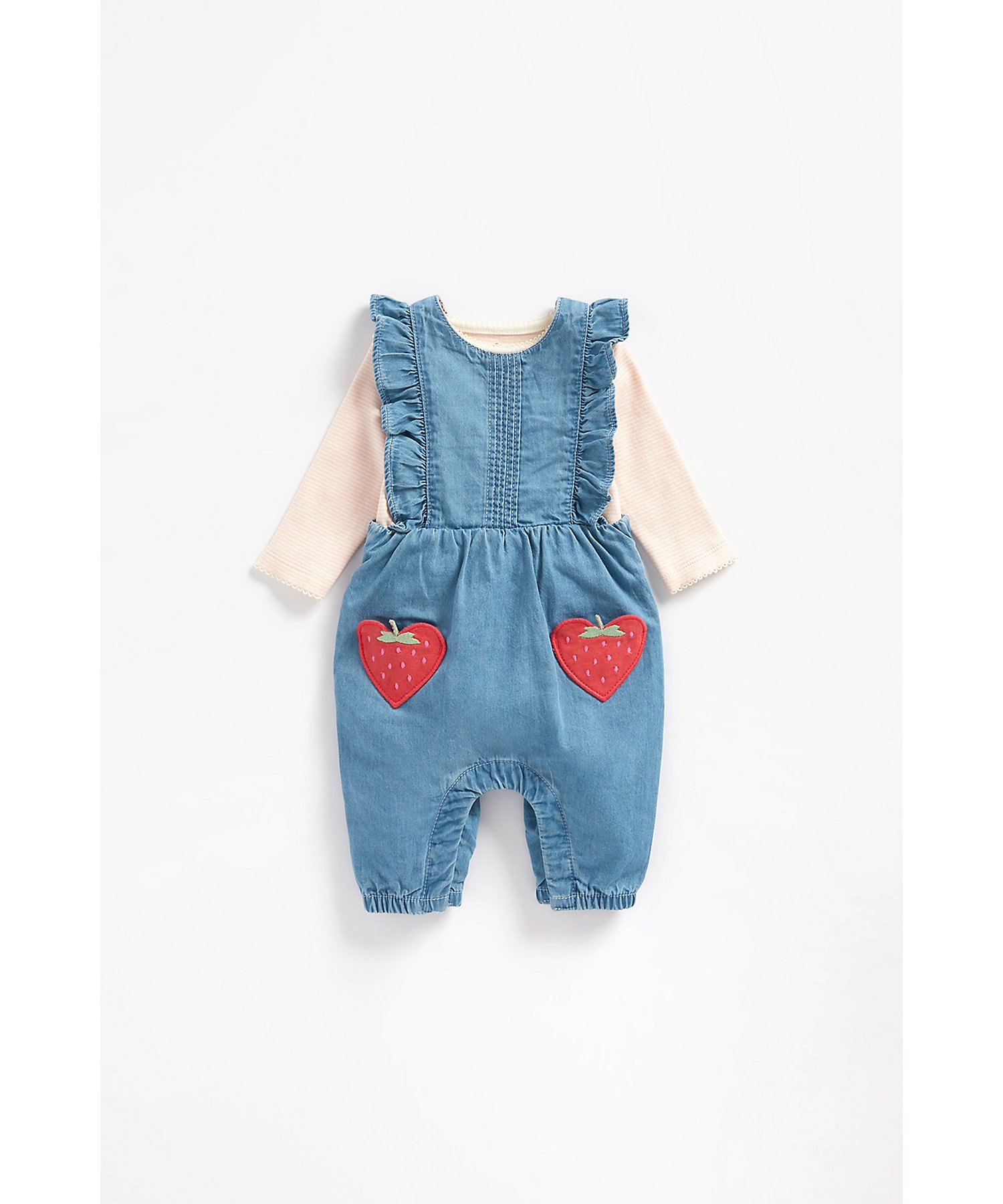 Mothercare | Girls Full Sleeves Dungaree Onesies Sets Strawberry Pocket-Multicolor