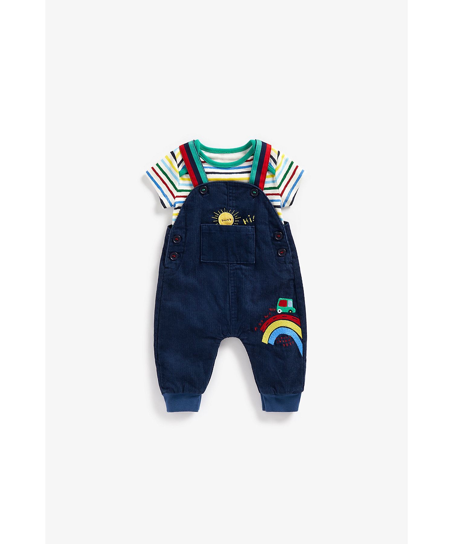Mothercare | Boys Half Sleeves Dungaree Onesies Set Embroidery & Appliqué-Blue