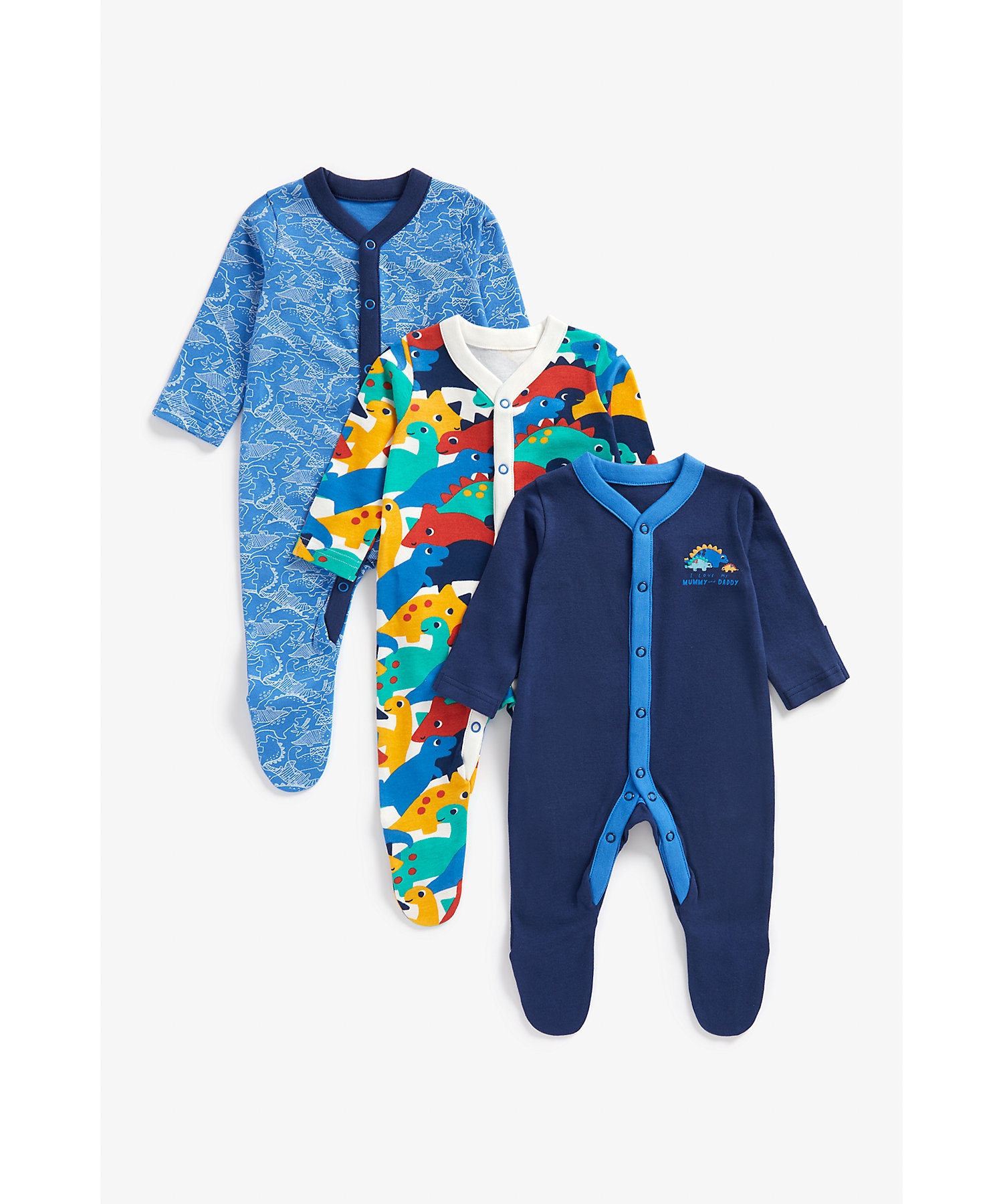Mothercare | Boys Full Sleeves Sleepsuits -Pack of 3-Blue