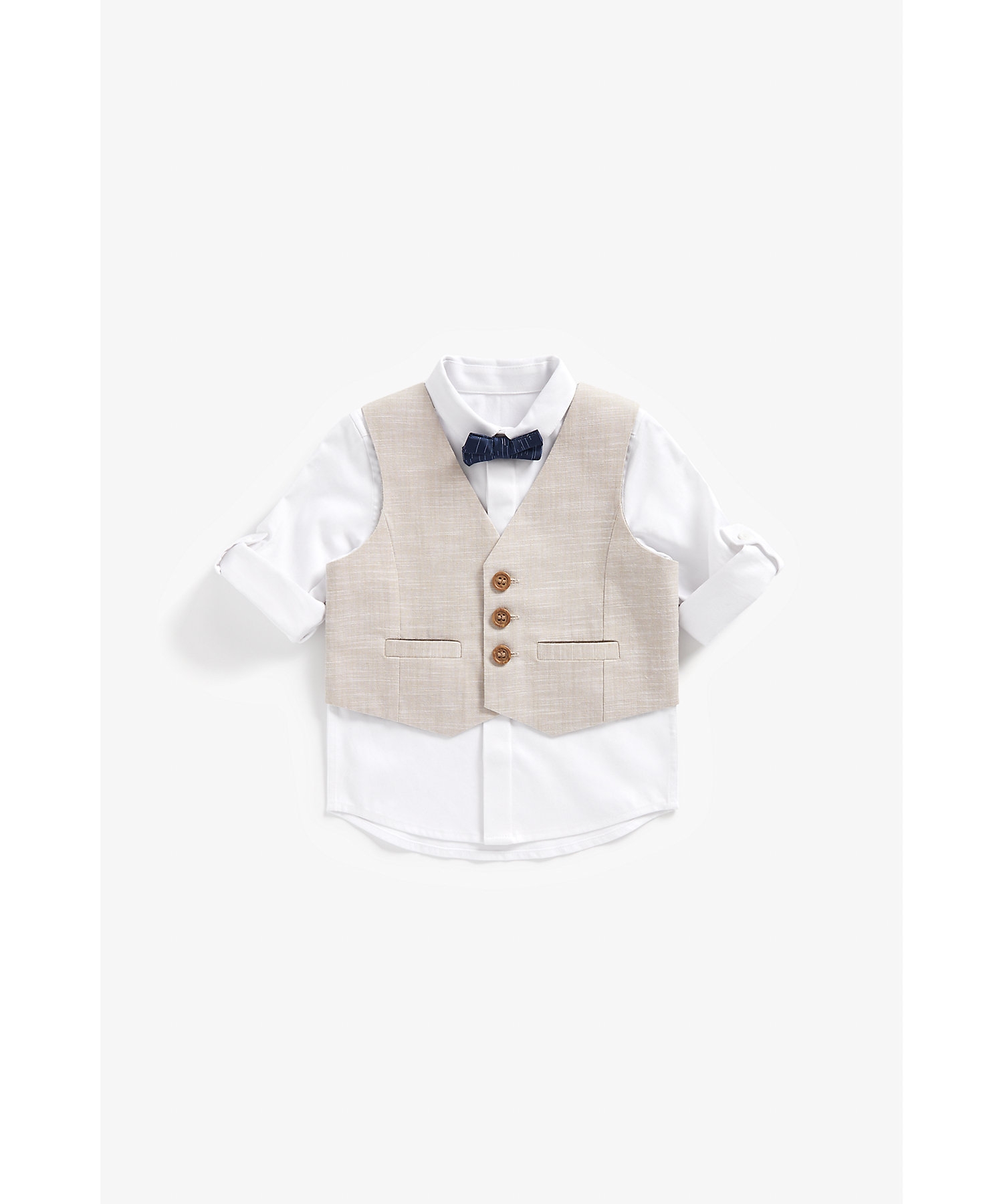 Mothercare | Boys Full Sleeves Shirt With Waistcoat And Bow -Brown