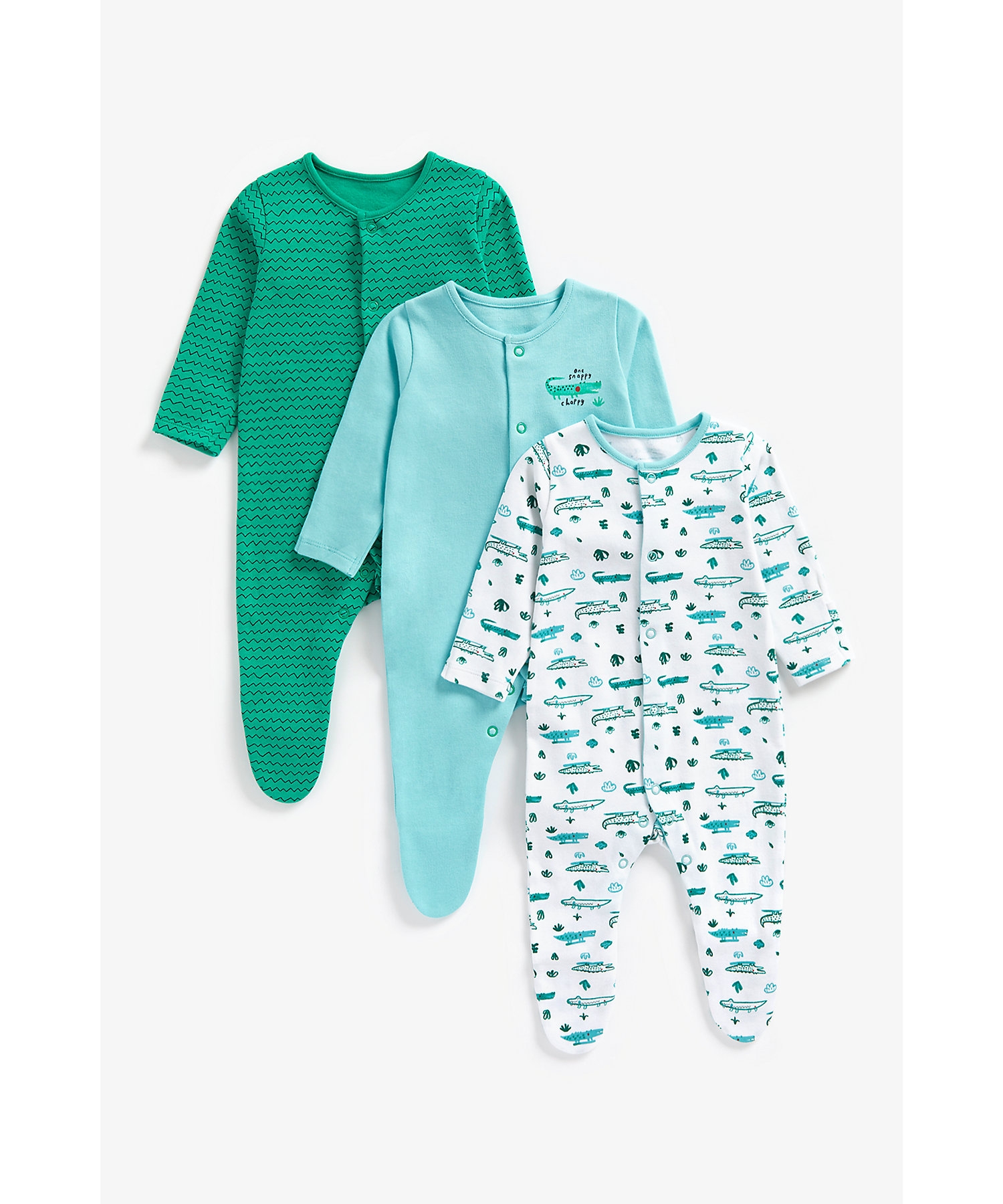 Mothercare | Boys Full Sleeves Sleepsuits Dino Printed-Pack of 3-Green