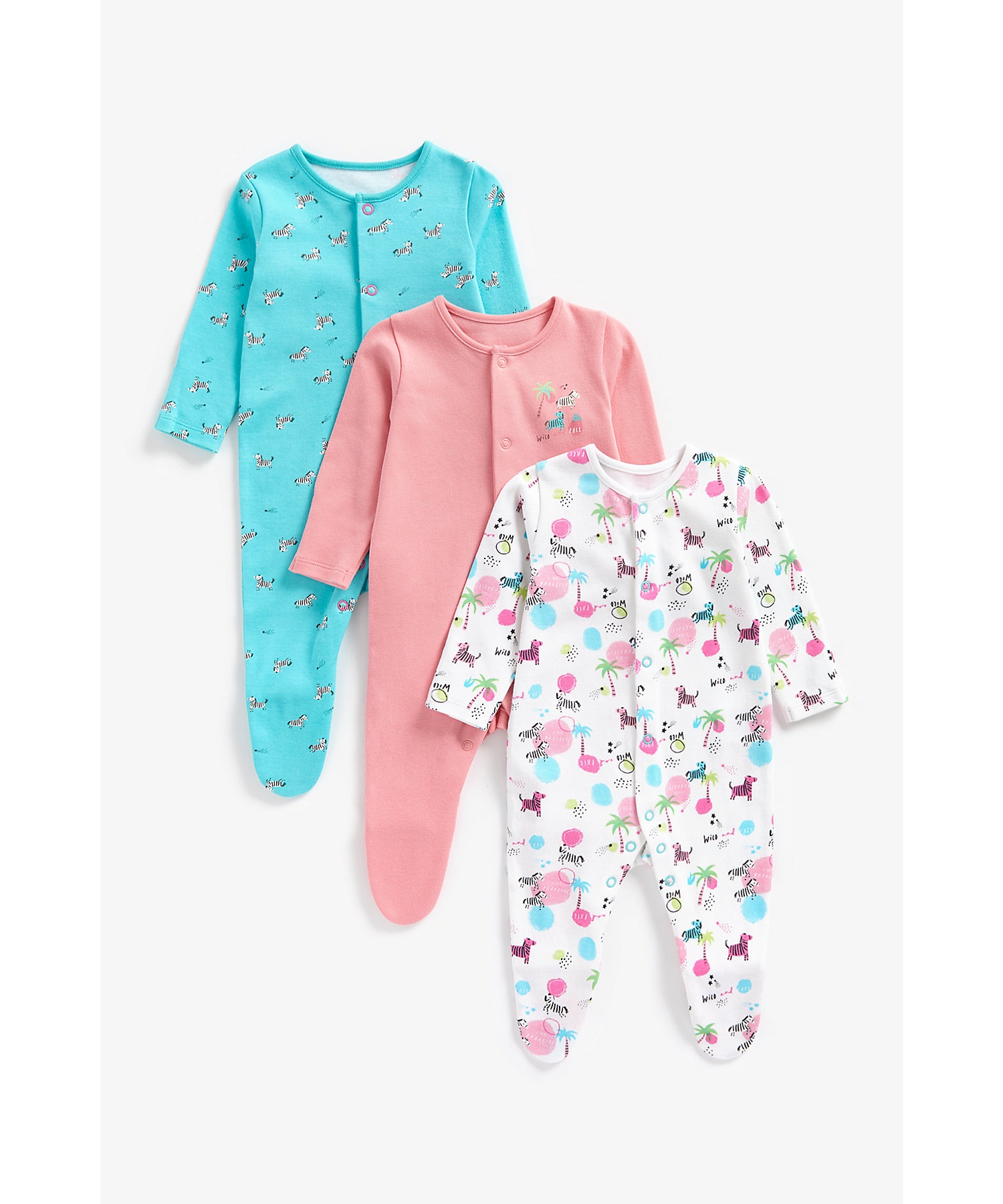 Mothercare | Girls Full Sleeves Sleepsuits Zebra Printed-Pack of 3-Multi