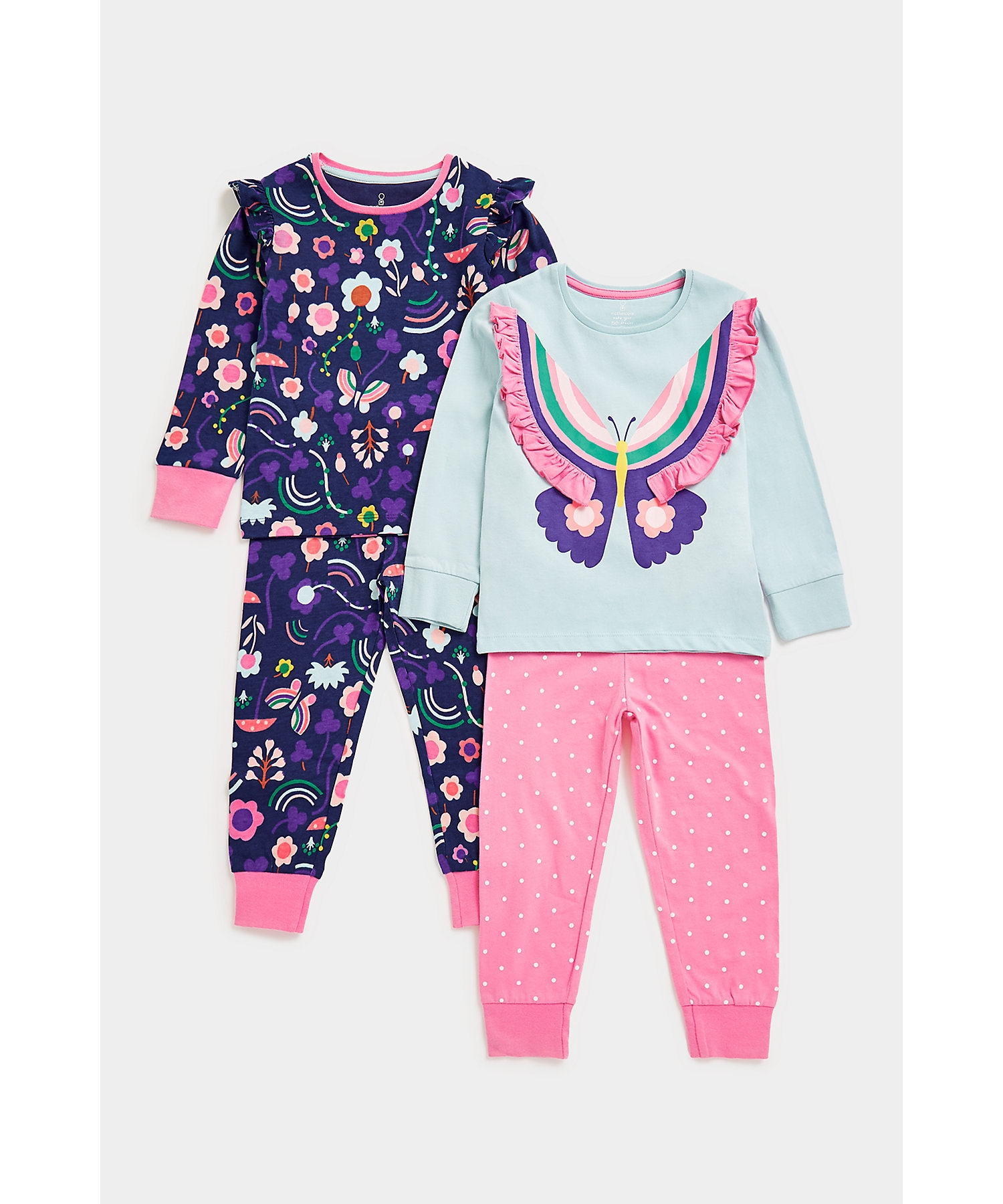 Mothercare | Girls Full Sleeves Pyjama Set Butterfly Design-Pack of 2-Multicolor