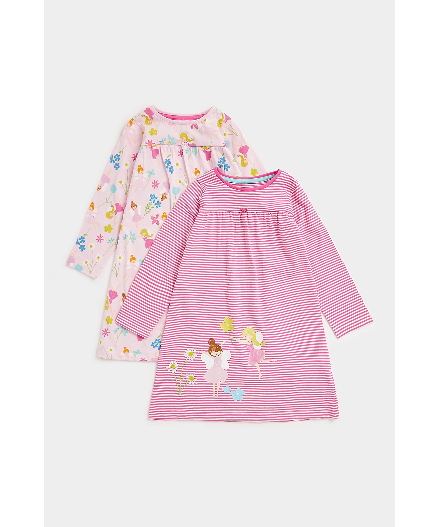 Mothercare | Girls Full Sleeves Nightdress Gathered Empire Waist-Pack of 2-Multicolor