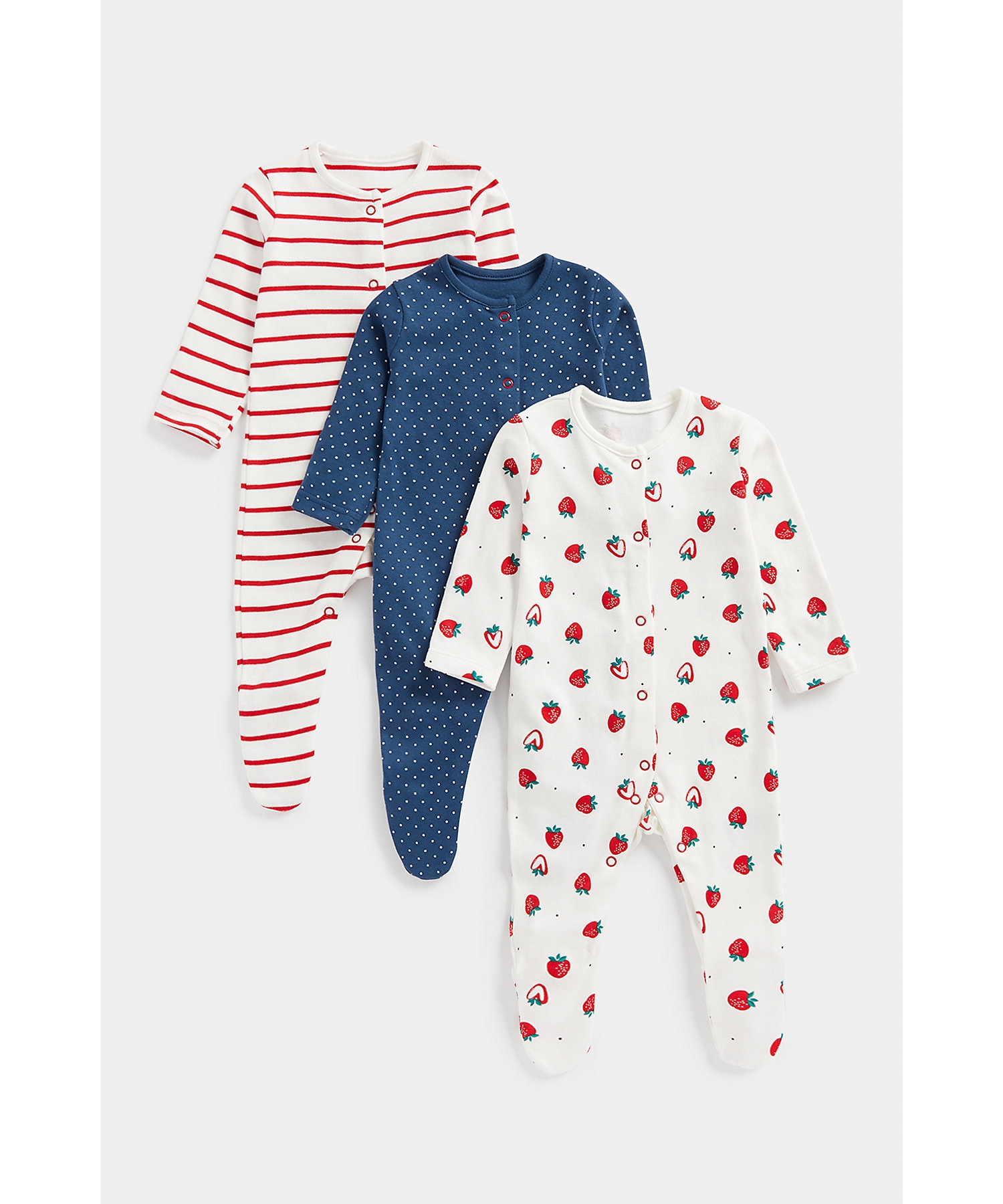 Mothercare | Girls Full Sleeves Sleepsuits -Pack of 3-Multicolor