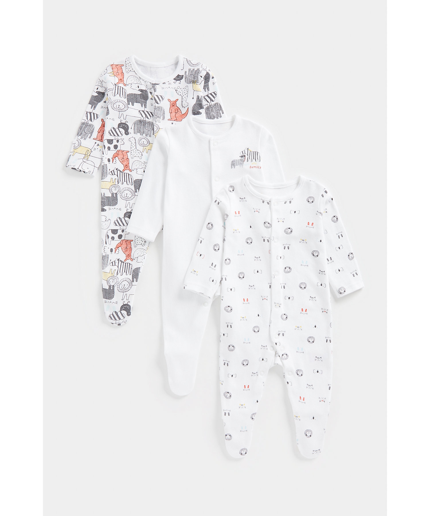 Mothercare | Unisex Full Sleeves Sleepsuits -Pack of 3-Multicolor