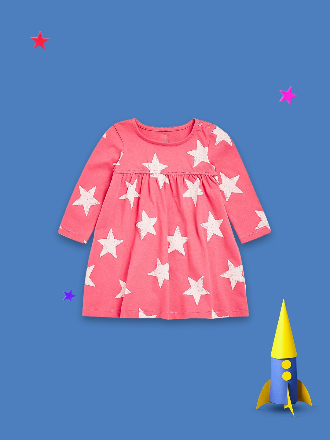 Mothercare | Girls Full Sleeves Dress Star All Over Print-Pink