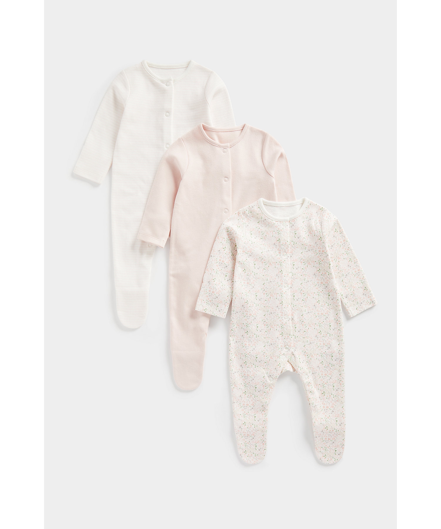 Mothercare | Girls Full Sleeves Sleepsuits -Pack of 3-Multicolor