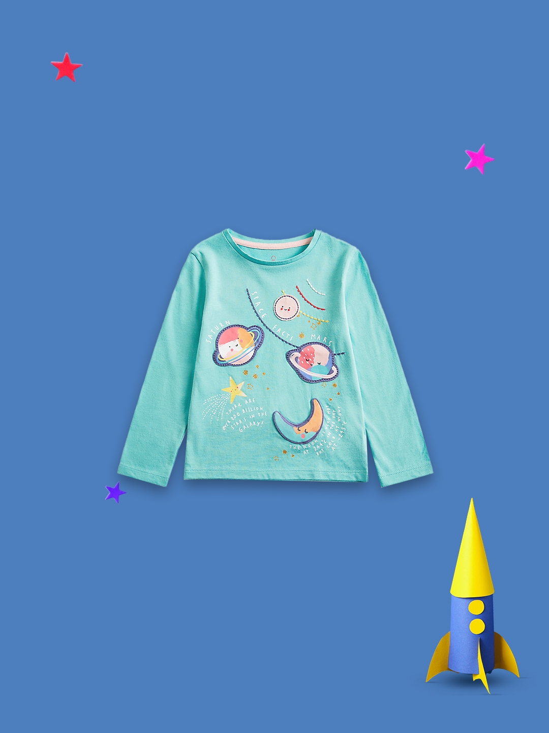 Mothercare | Girls Full Sleeves T Shirts Space Prints-Green