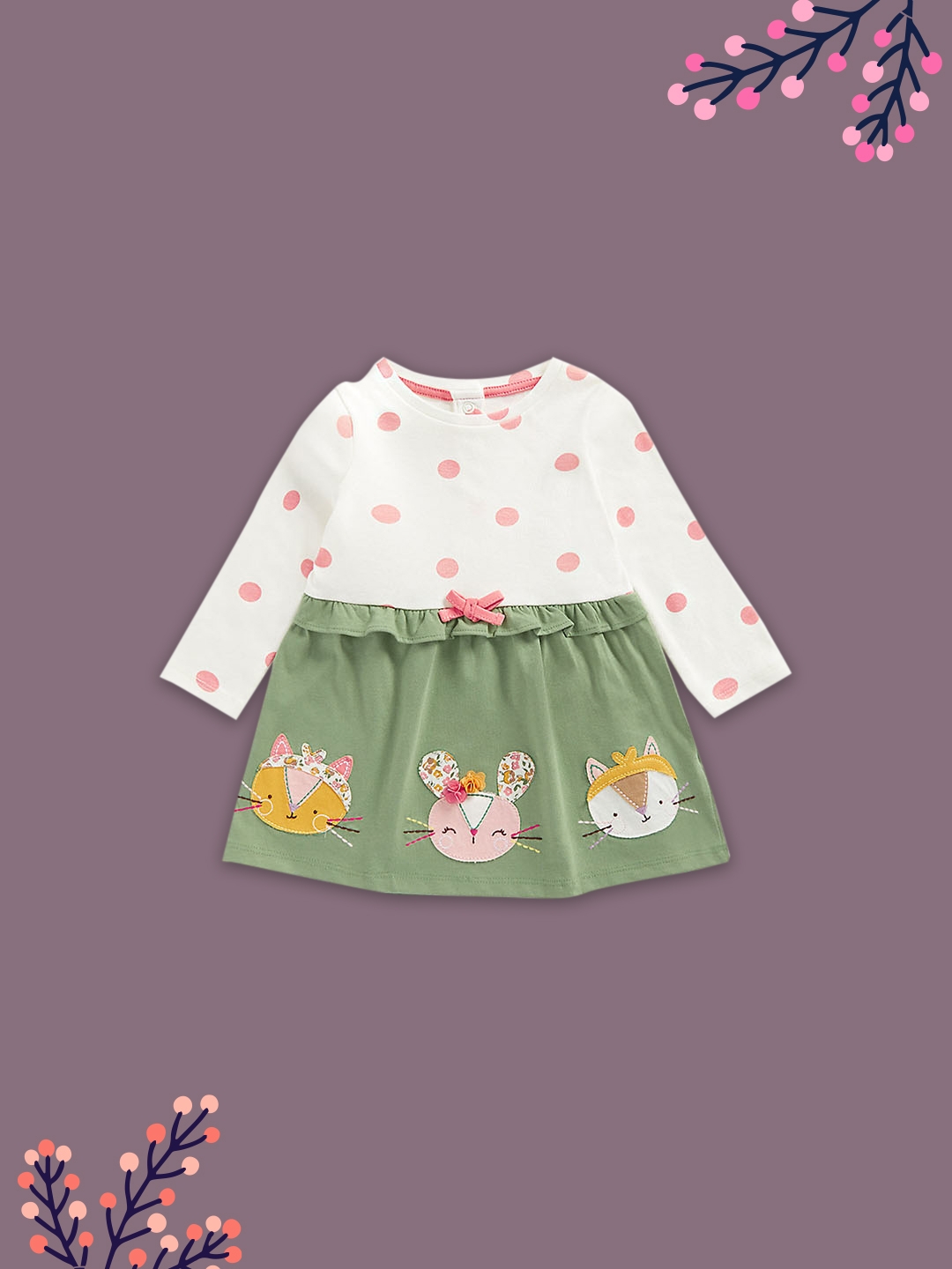 Mothercare | Girls Full Sleeves Dress Frill & Bow-Multicolor