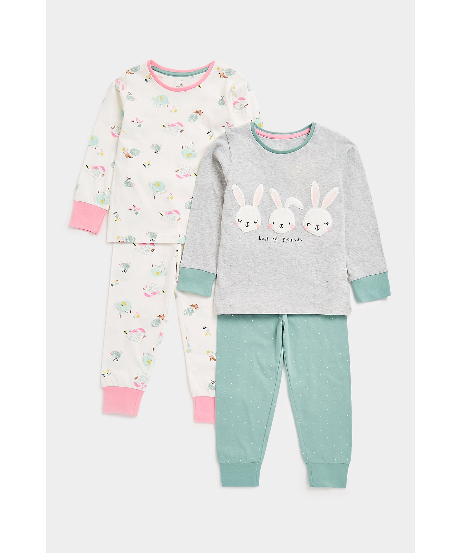 Mothercare | Girls Full Sleeves Pyjama Set Bunny Design-Pack of 2-Multicolor