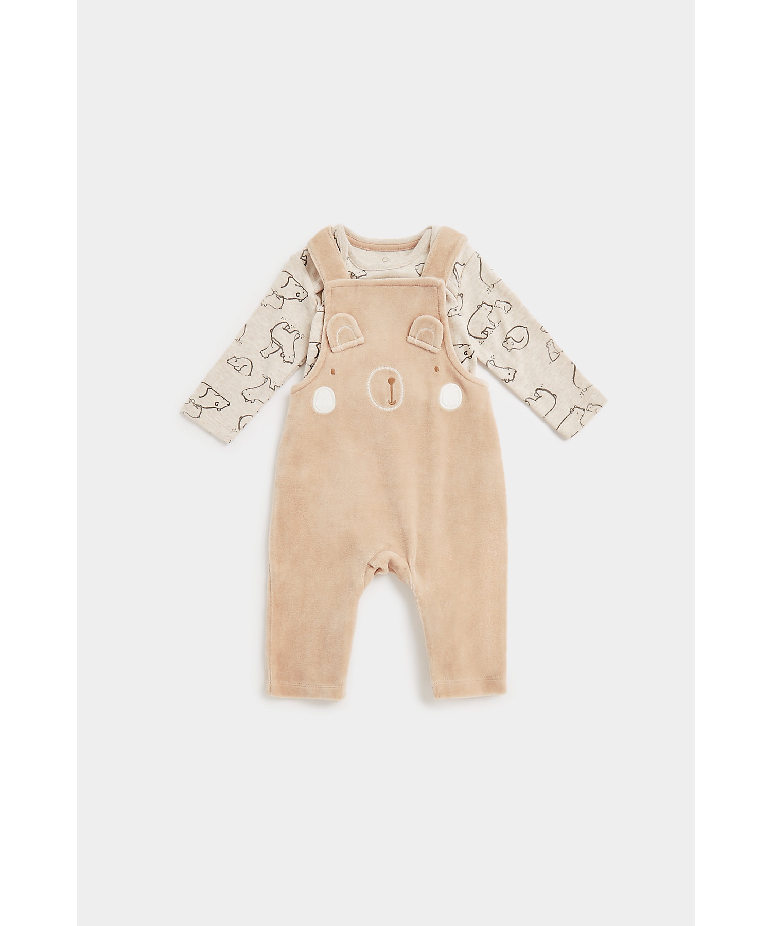 Mothercare | Unisex Full Sleeves Dungarees 3D Bear Design-Brown