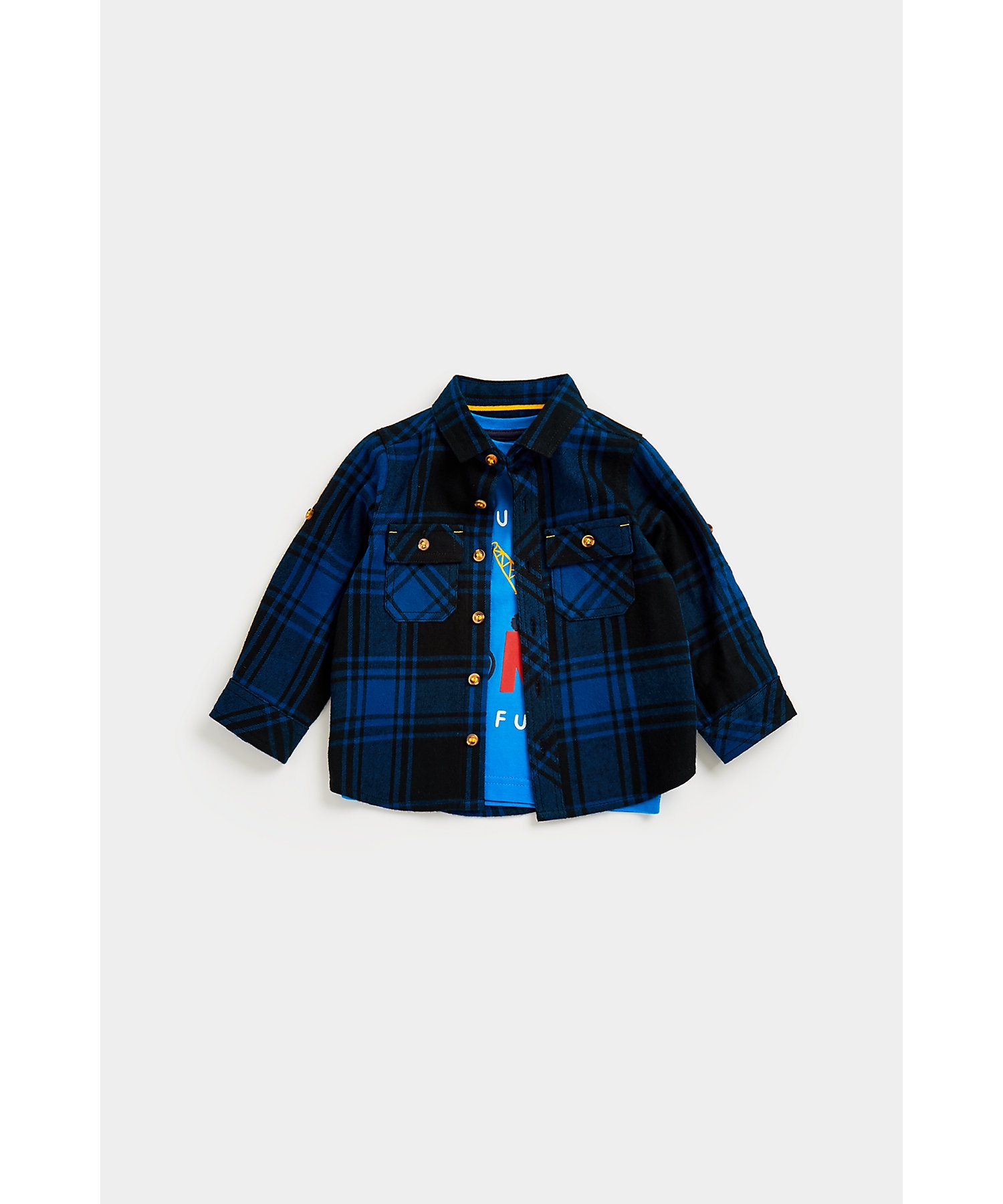 Boys Full Sleeves Shirt With T-Shirt Checked-Blue