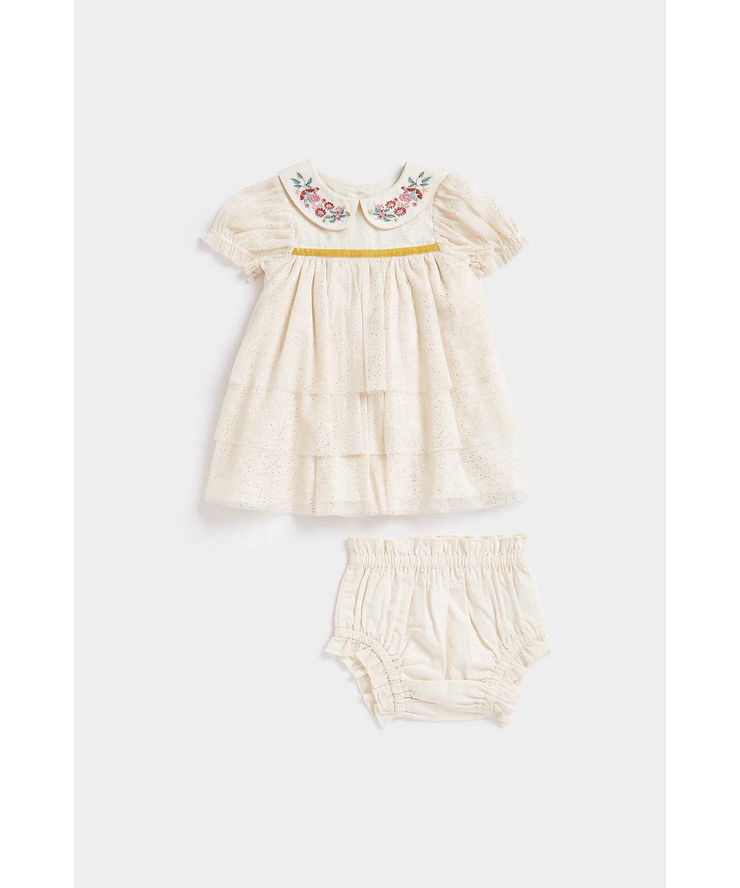 Mothercare | Girls Half Sleeves Dress with Knickers Peter-Pan Collar-White
