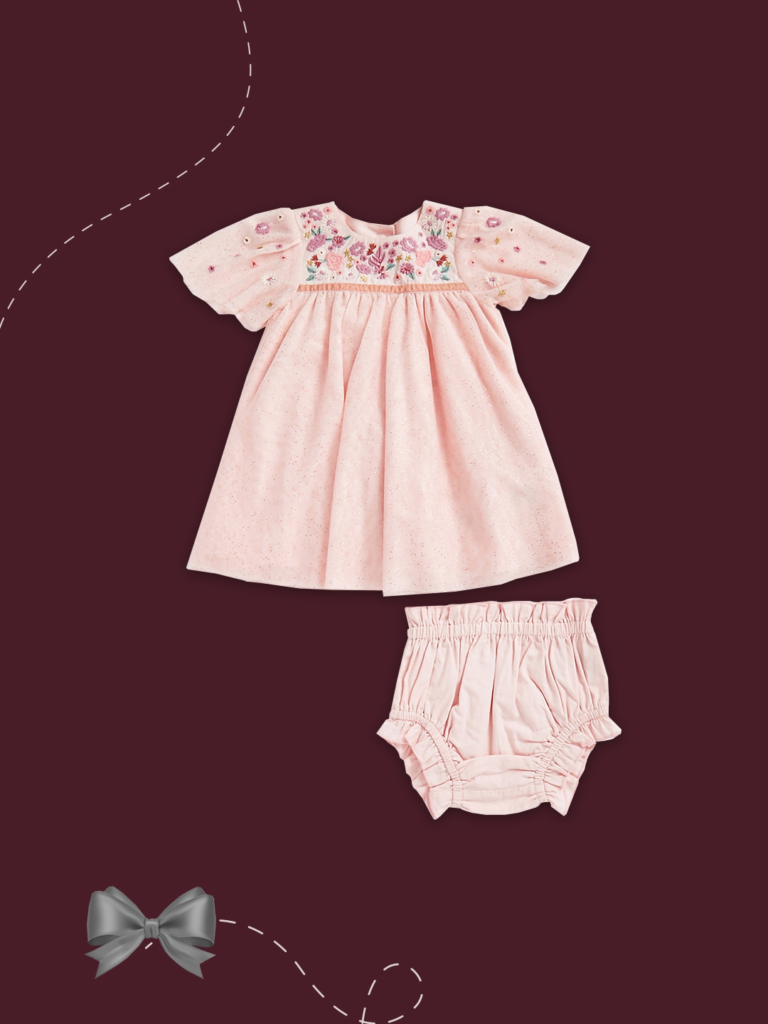 Girls Half Sleeves Dress with Knickers -Pink