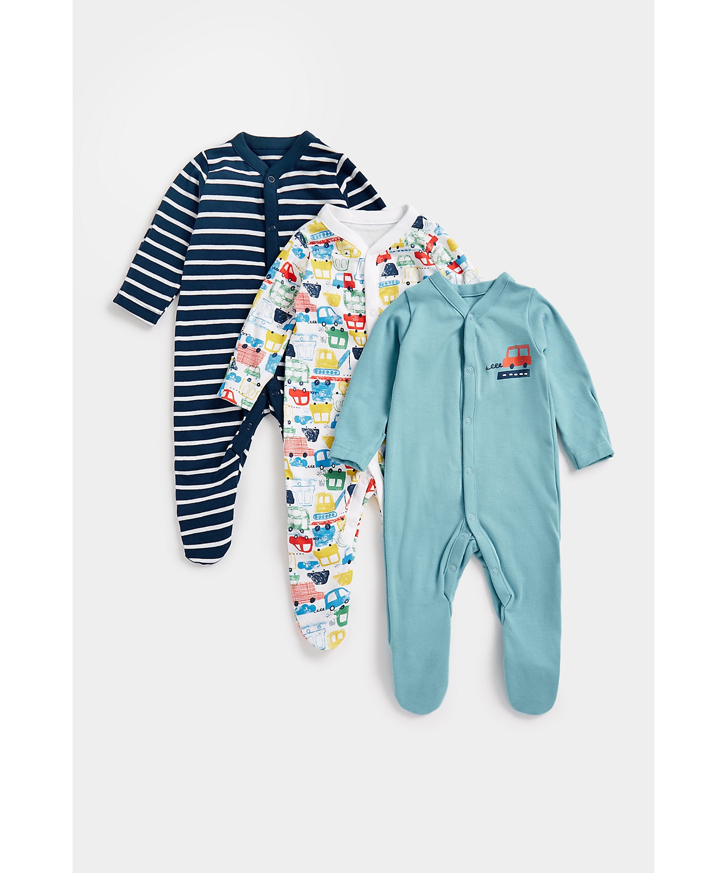 Mothercare | Boys Full Sleeves Sleepsuits Vehicle Print-Pack of 3-Multicolor