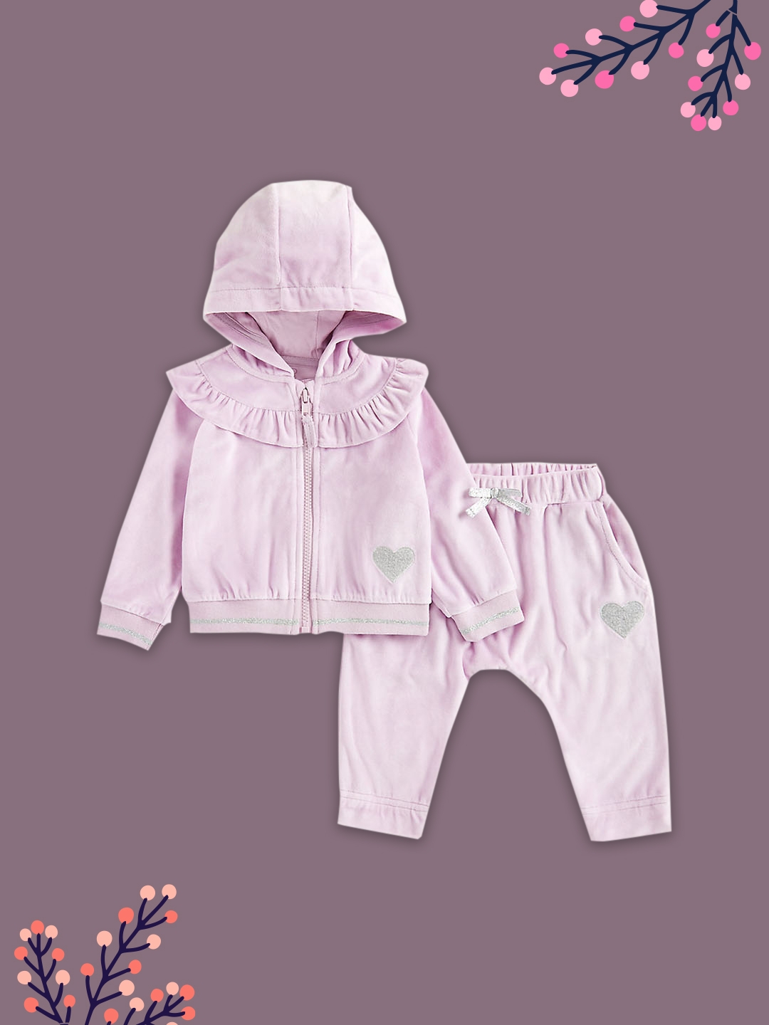 Mothercare | Girls Full Sleeves Jogger & T-Shirt Sets Frill Details-Purple