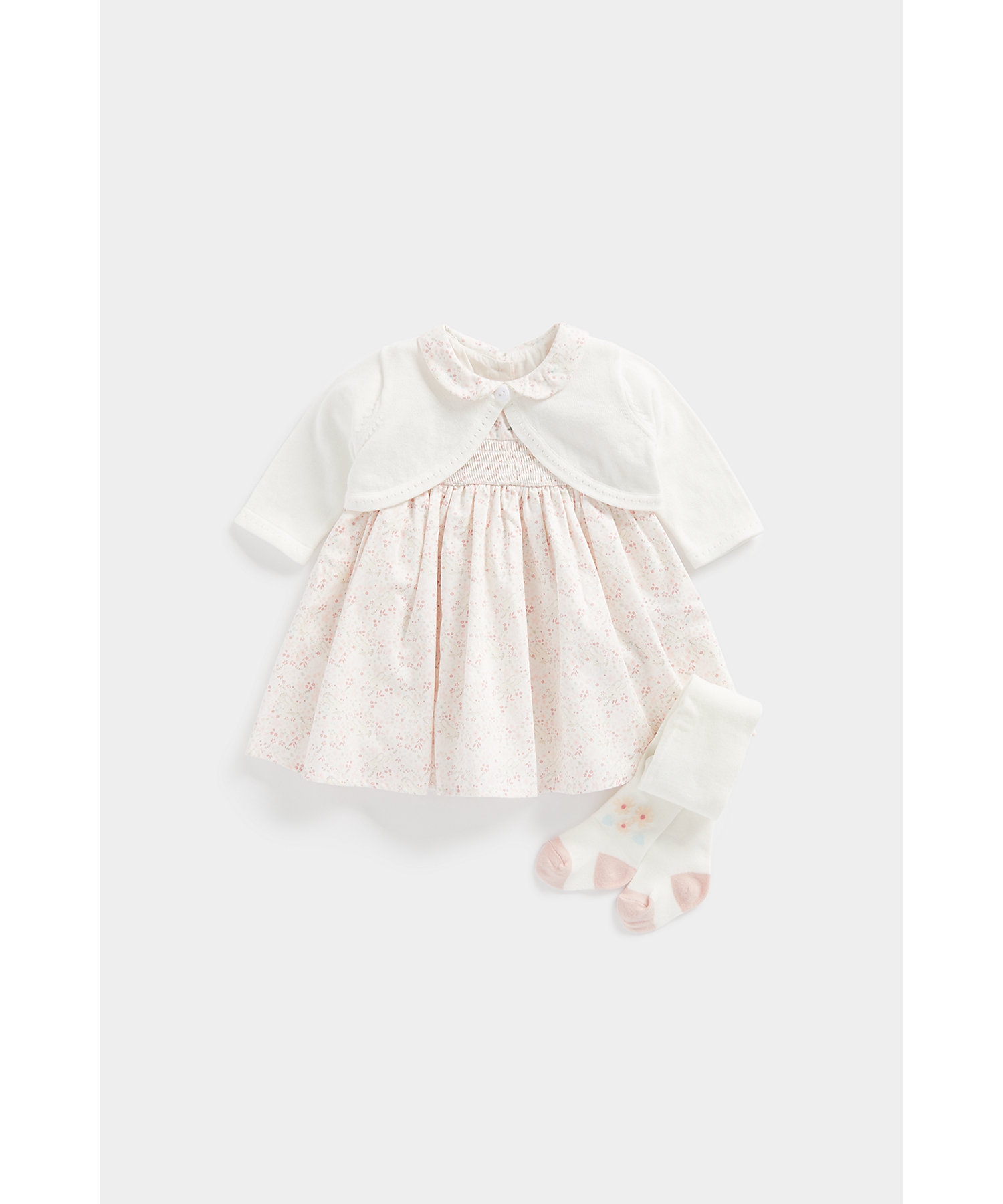 Mothercare | Girls Full Sleeves Dress with Tights & Cardigan Peter-Pan Collar-Multicolor