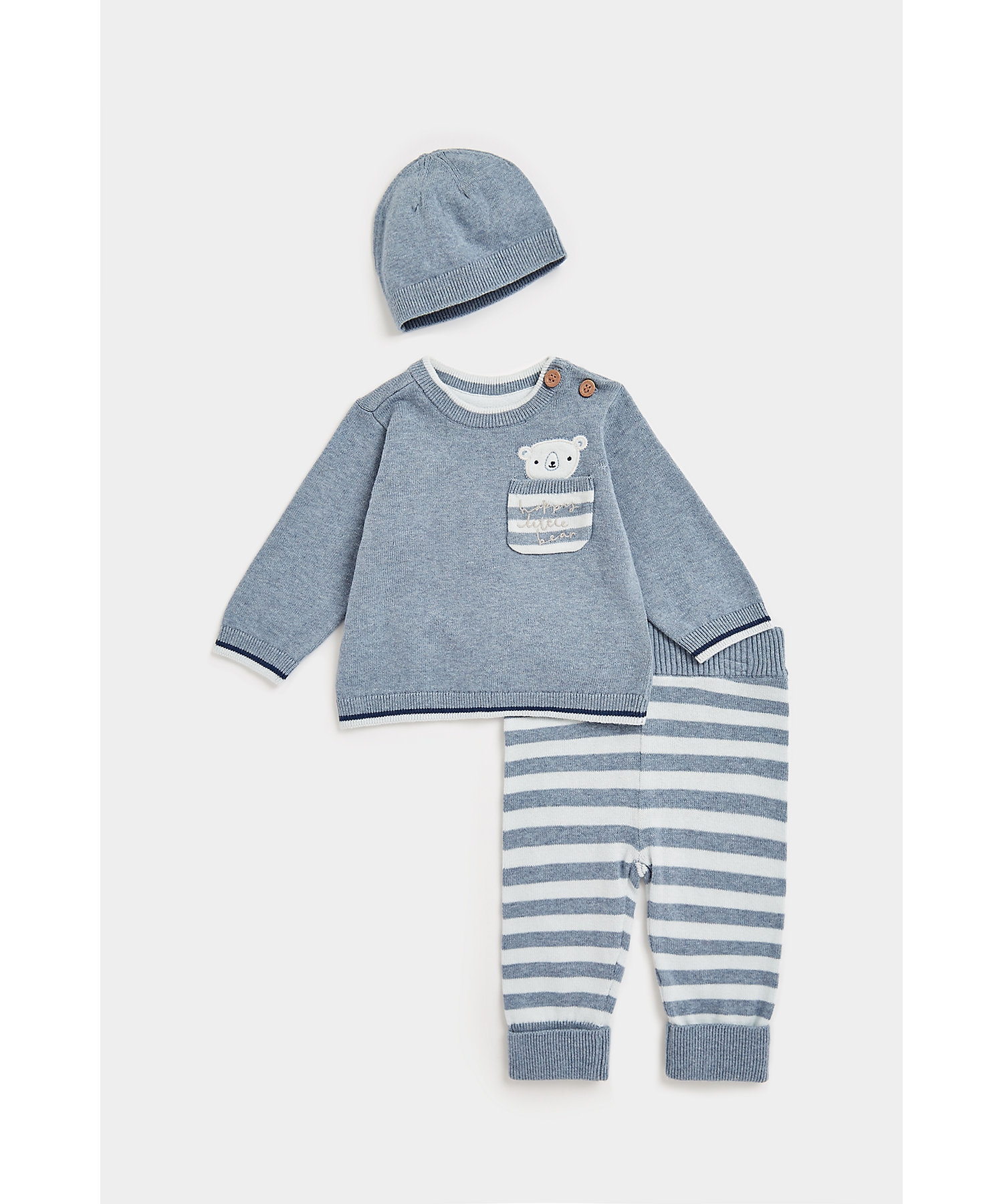 Mothercare | Boys Full Sleeves 3 Piece Gift Set Bear Patch Pocket-Blue
