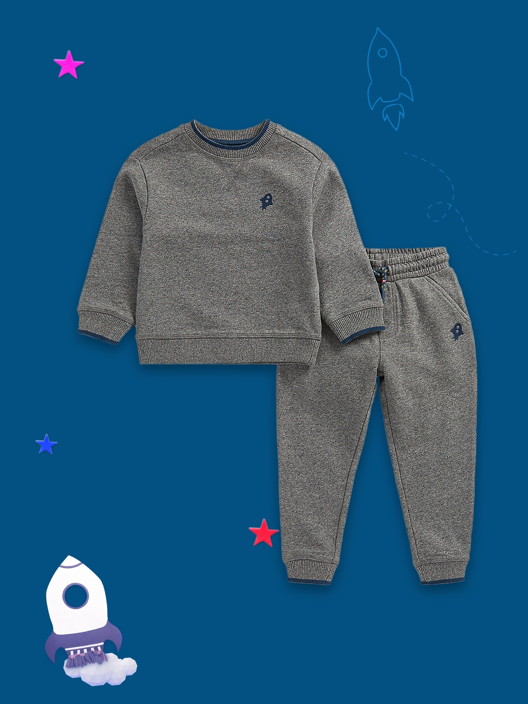 Mothercare | Boys Full Sleeves Jogger & T-Shirt Sets Rocket Embroidery -Black