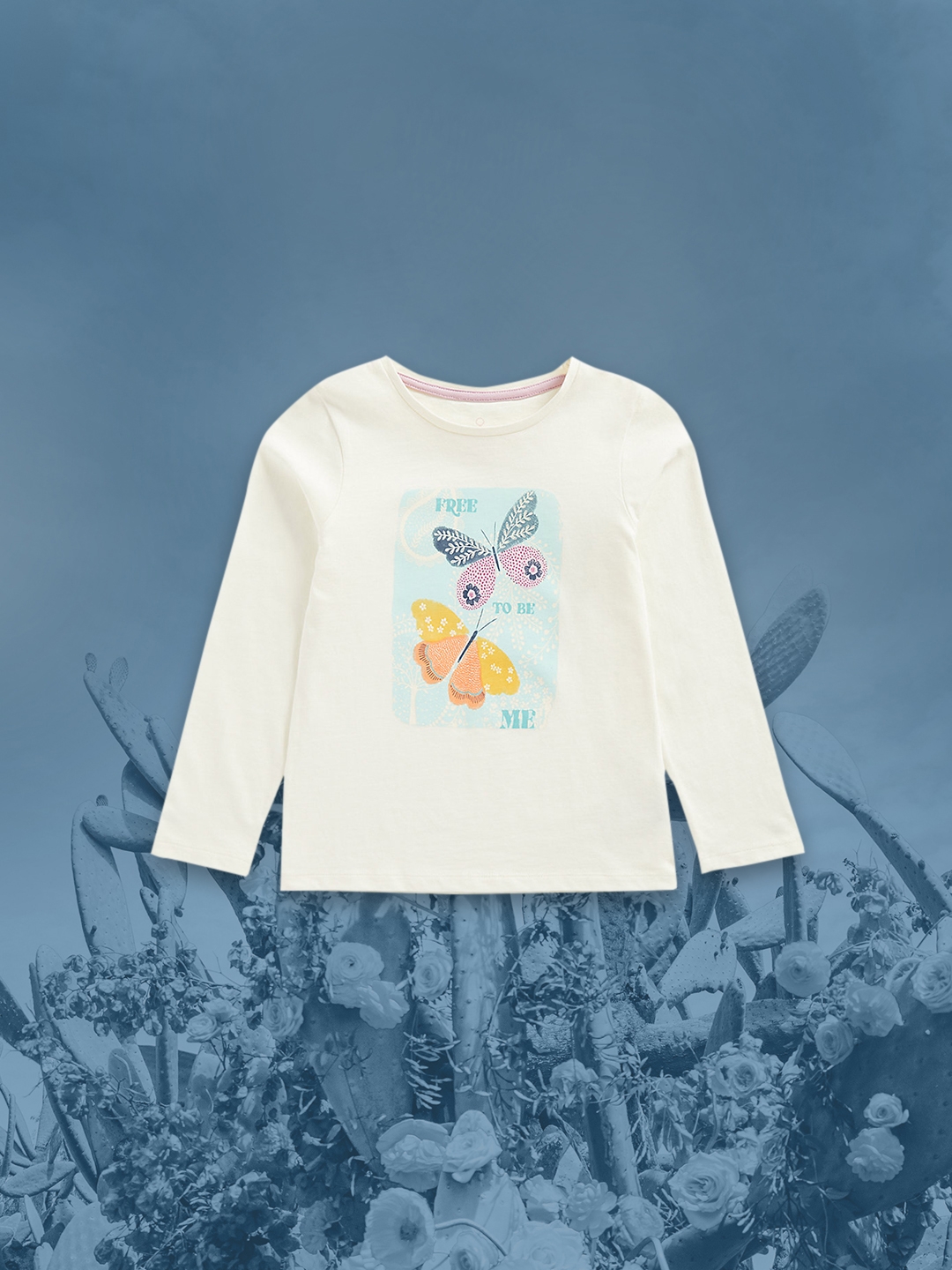 Girls Full Sleeves T-shirt Butterfly Design-Cream