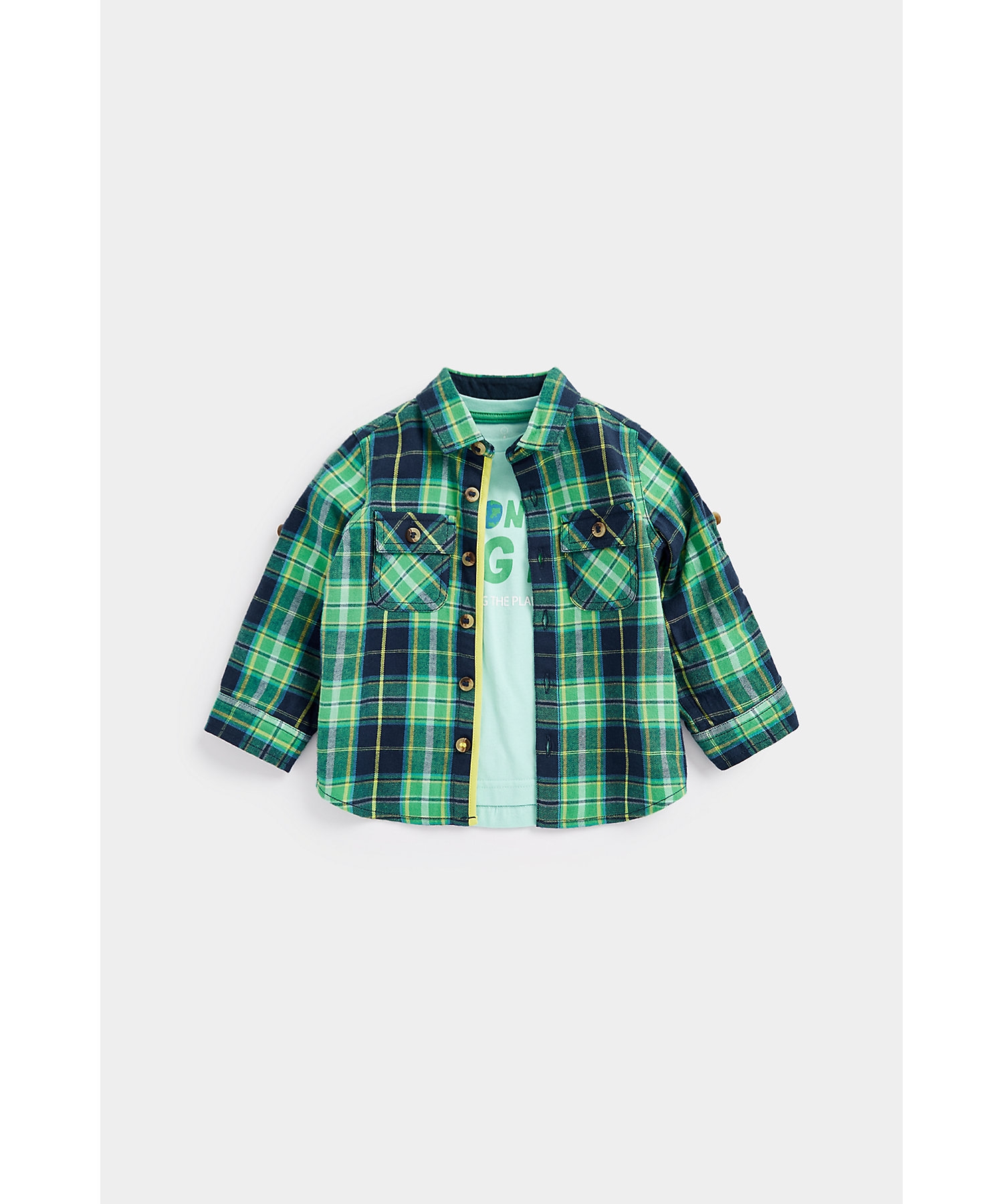 Mothercare | Boys Full Sleeves Shirt Checked With Slogan Print-Pack of 1-Green