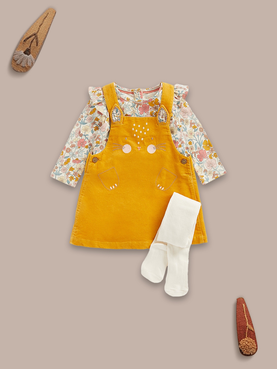 Mothercare | Girls Full Sleeves Dungaree & T-Shirt Set Flowe Print-Pack of 1-Yellow