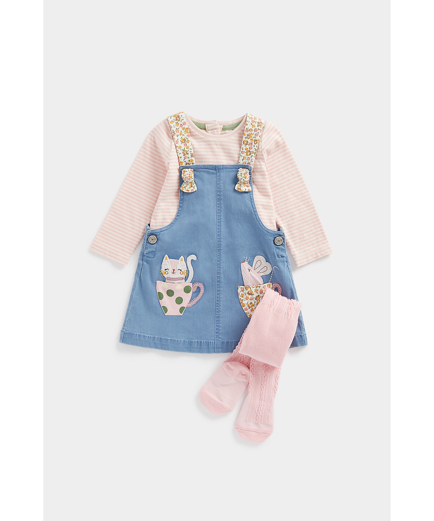 Mothercare | Girls Full Sleeves Dungaree & T-Shirt Set -Pack of 1-Multicolor