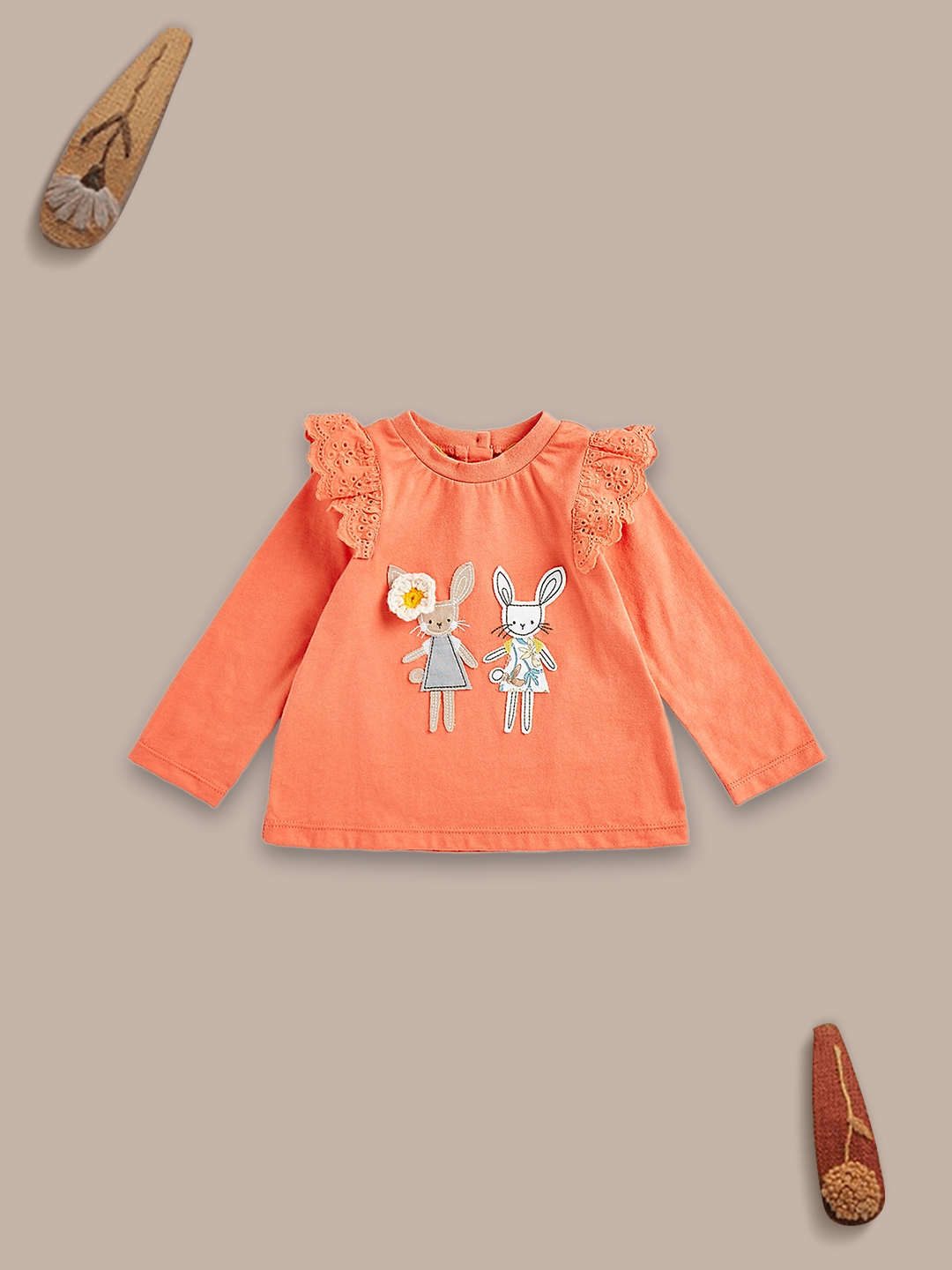 Mothercare | Girls Full Sleeves T-Shirt Frill Details-Orange