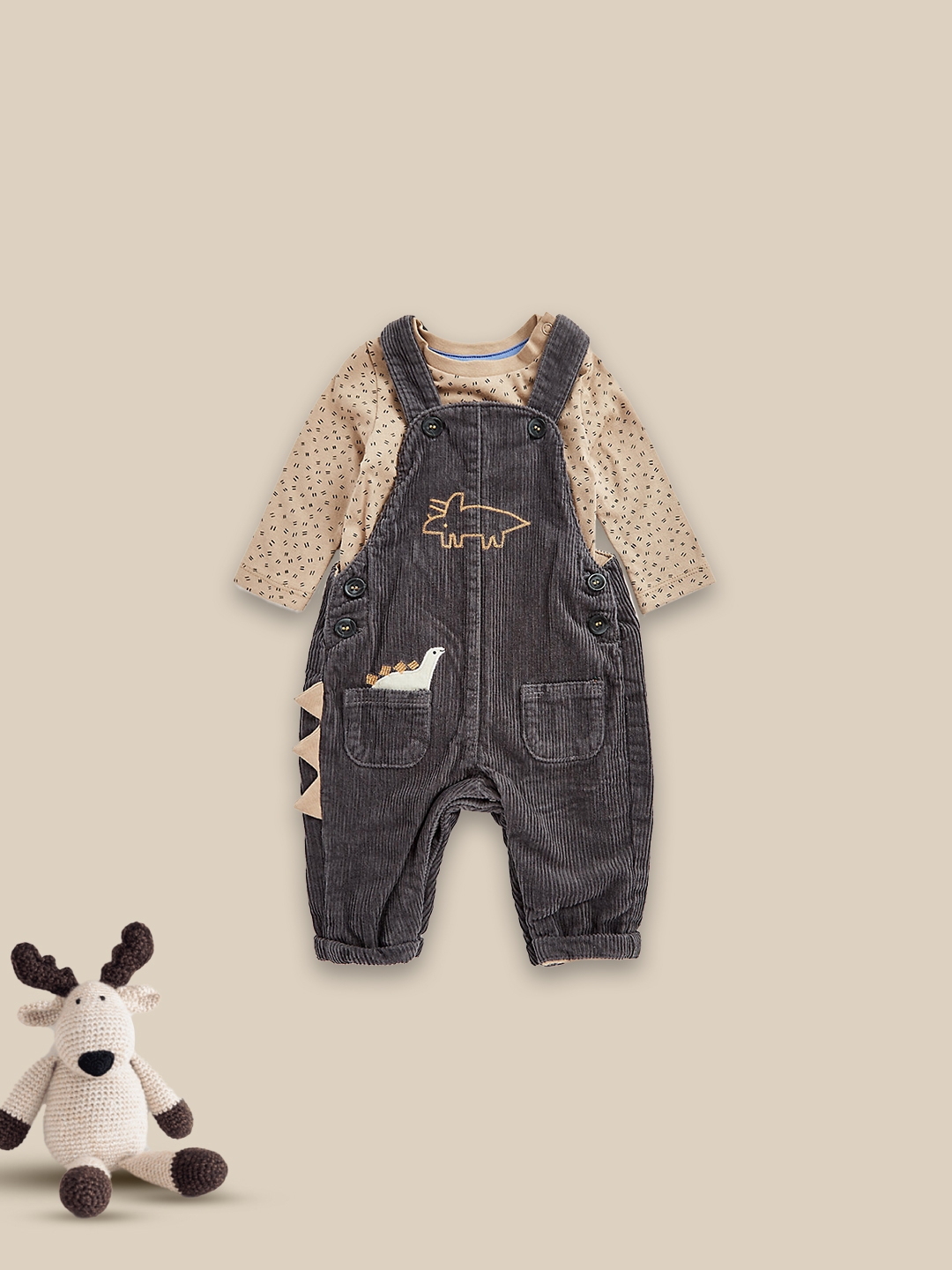Mothercare | Boys Full Sleeves Dungaree Set -Pack of 1-Brown