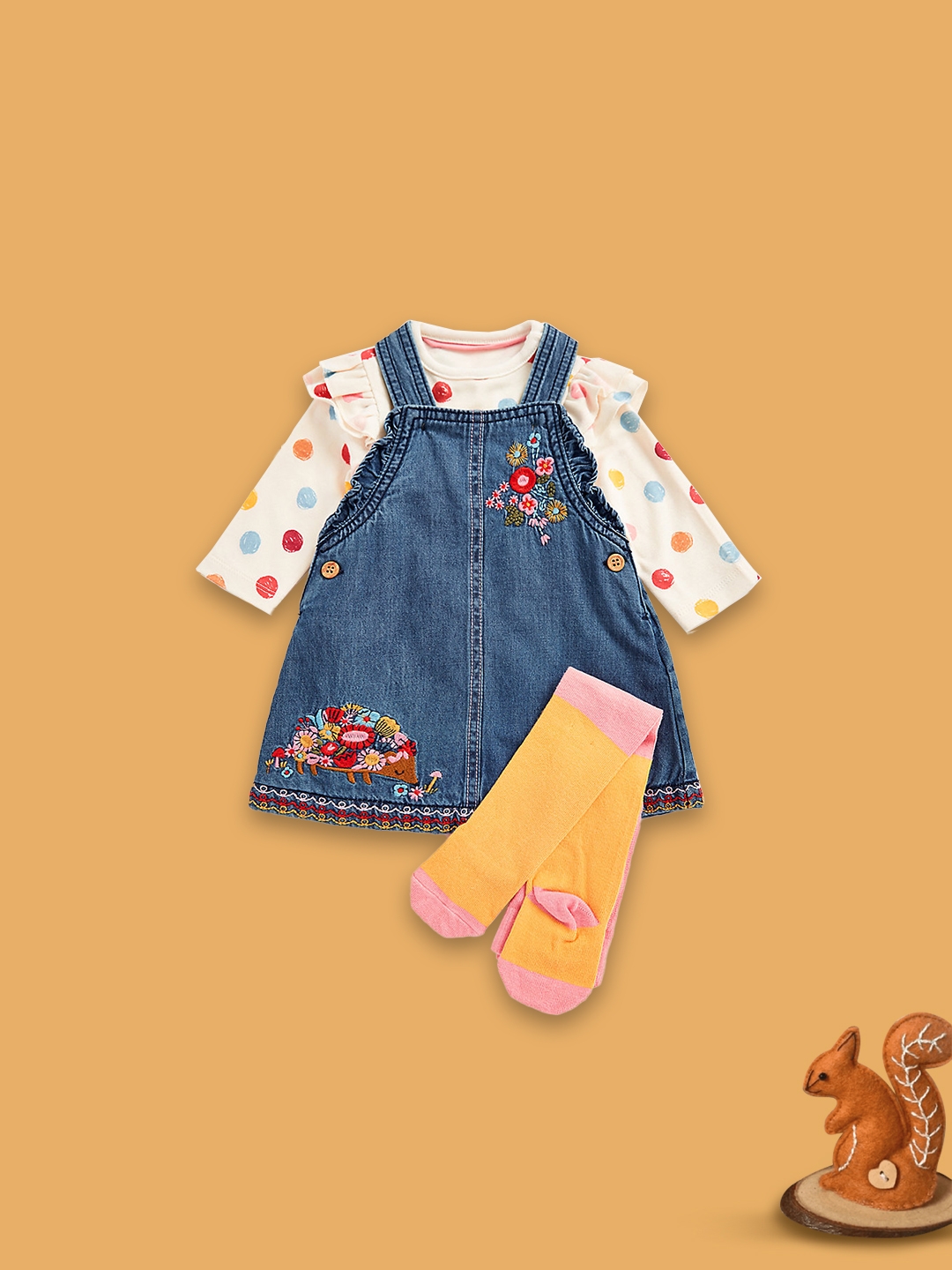 Mothercare | Girls Full Sleeves Dungaree Set Polka Dots-Pack of 1-Multicolor