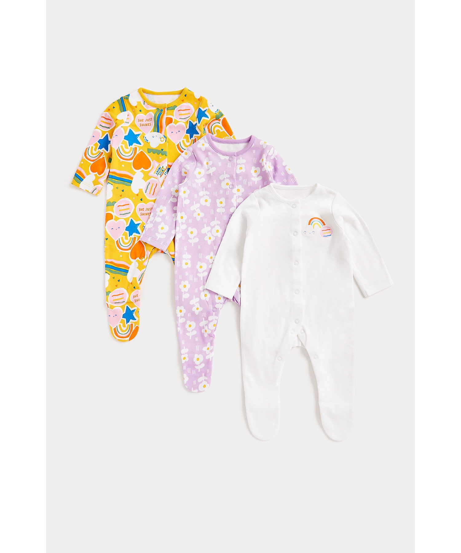 Mothercare | Girls Full Sleeves Sleepsuits Front Open -Multicolor