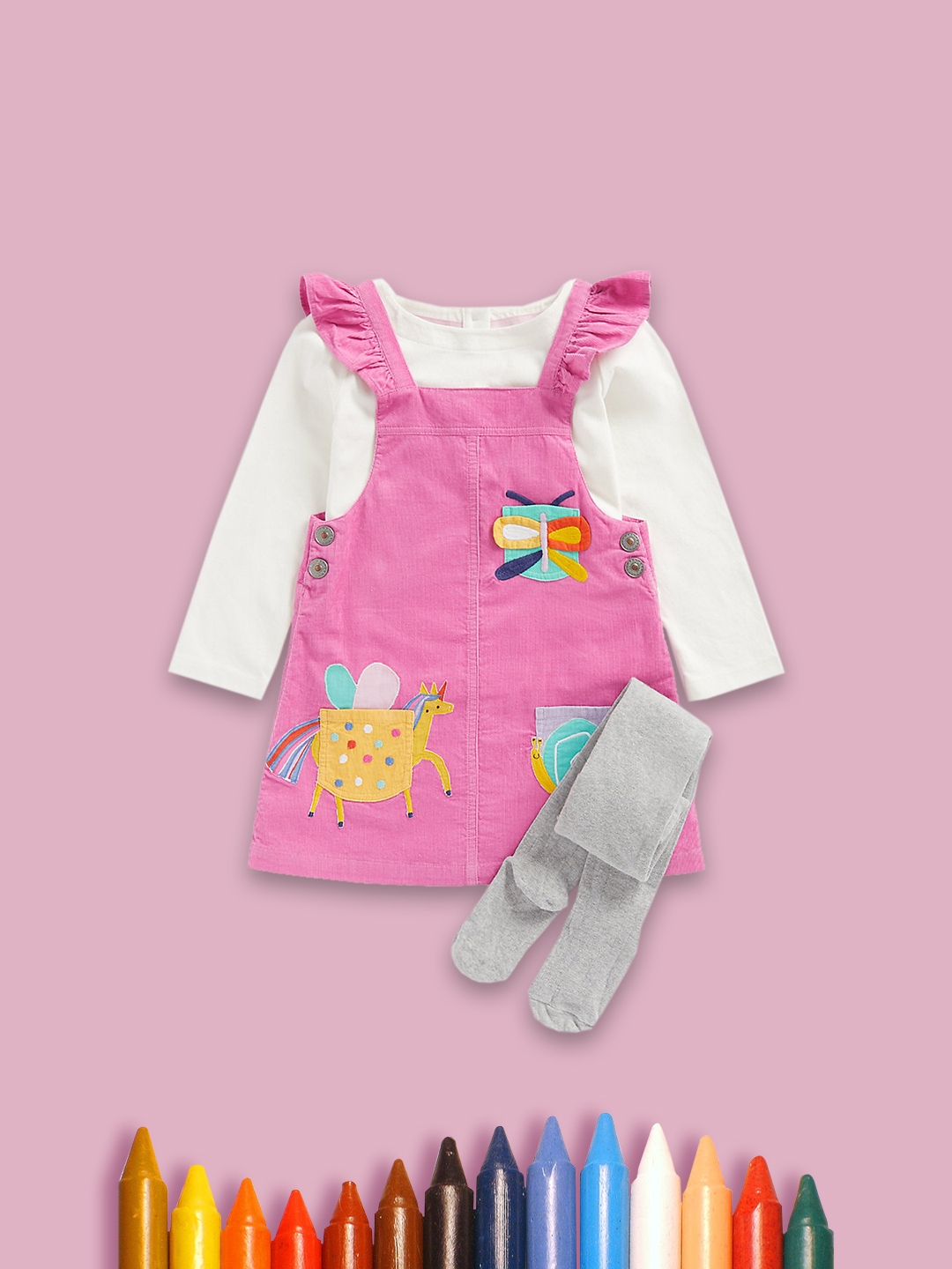 Girls Full Sleeves Dungaree & T-Shirt Set -Pack of 1-Multicolor