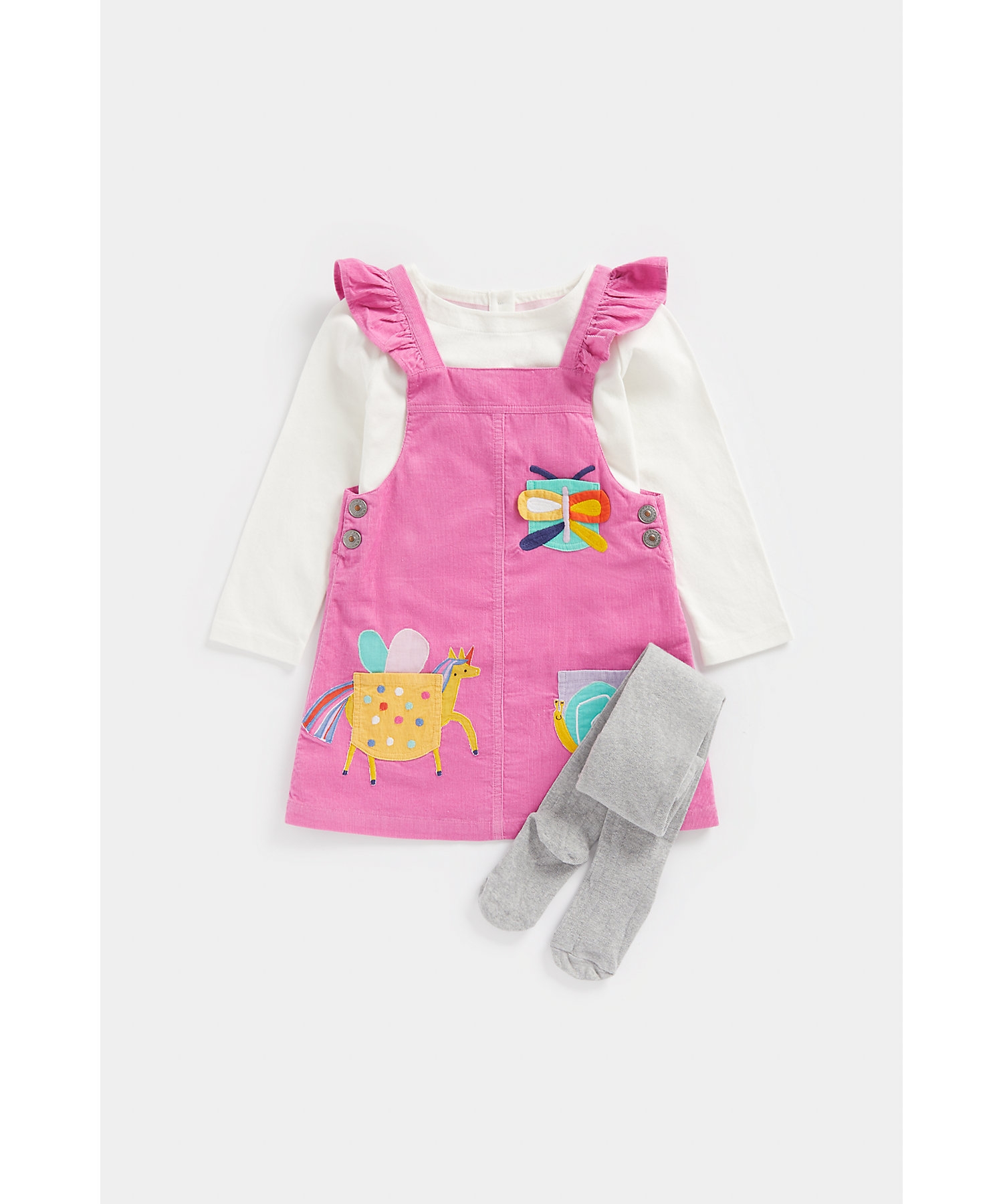 Mothercare | Girls Full Sleeves Dungaree & T-Shirt Set -Pack of 1-Multicolor