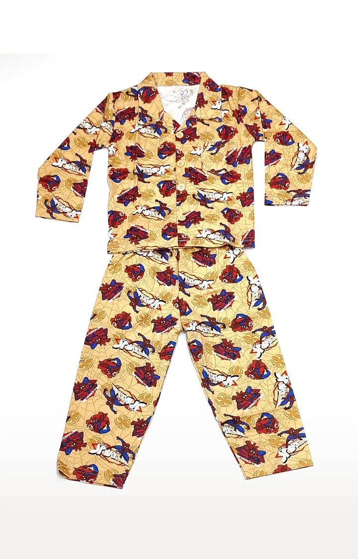 Beige Stylish Spider Man Printed Full Sleeve Top and Pyjama Set