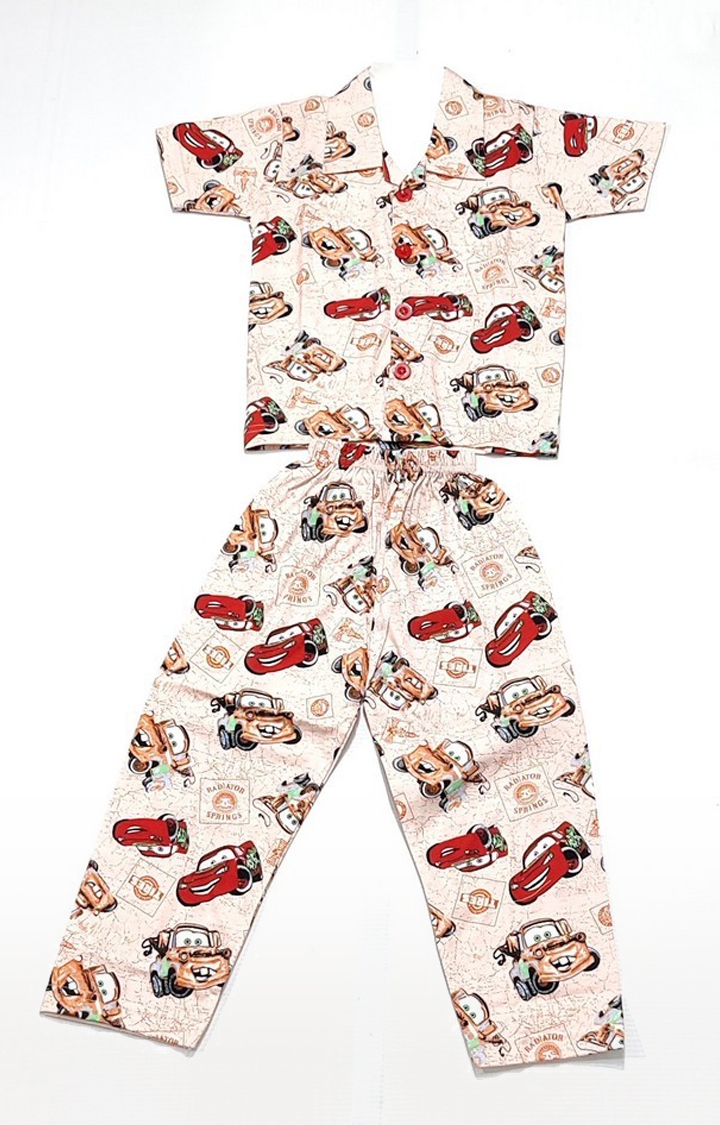 Stylish Boy's Beige Graphic Printed Shirt And Pyjama Set