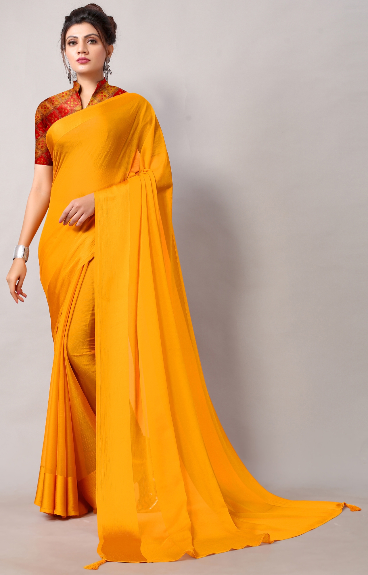 SHAILY RETAILS | Women Yellow Chiffon Party Wear Solid Saree-HACFNSTNBDR1079YLW