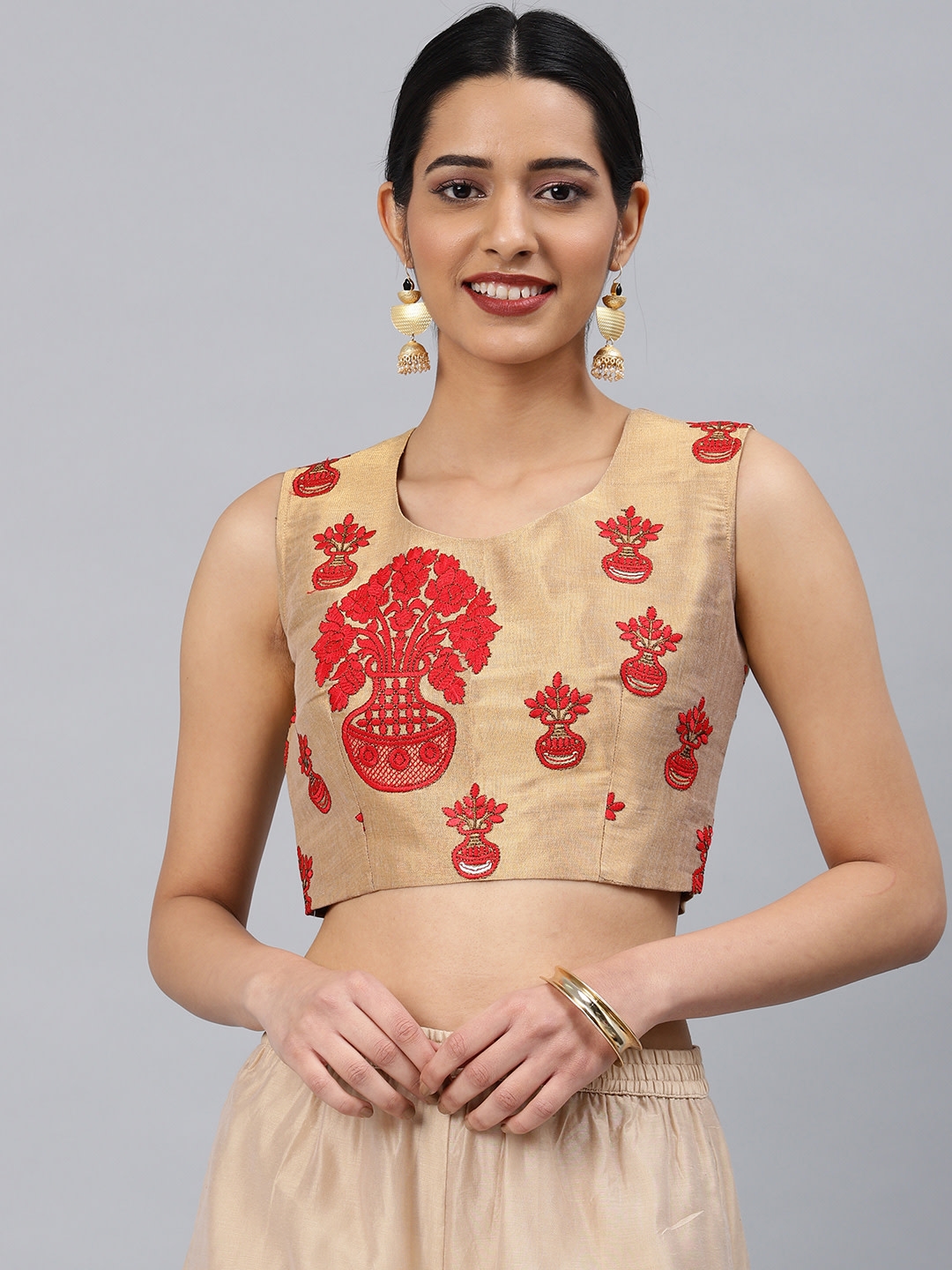 SHAILY RETAILS | Shaily Women Beige Red Jacquard Padded Ready Made Saree Blouse