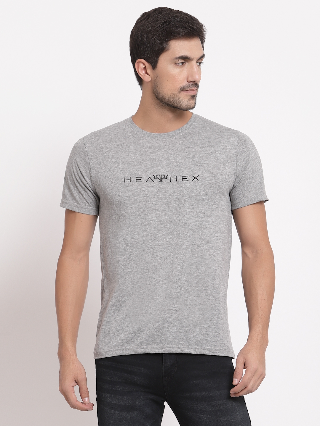 HEATHEX Cotton Blend Printed Half Sleeve Light Grey T-Shirt for Men