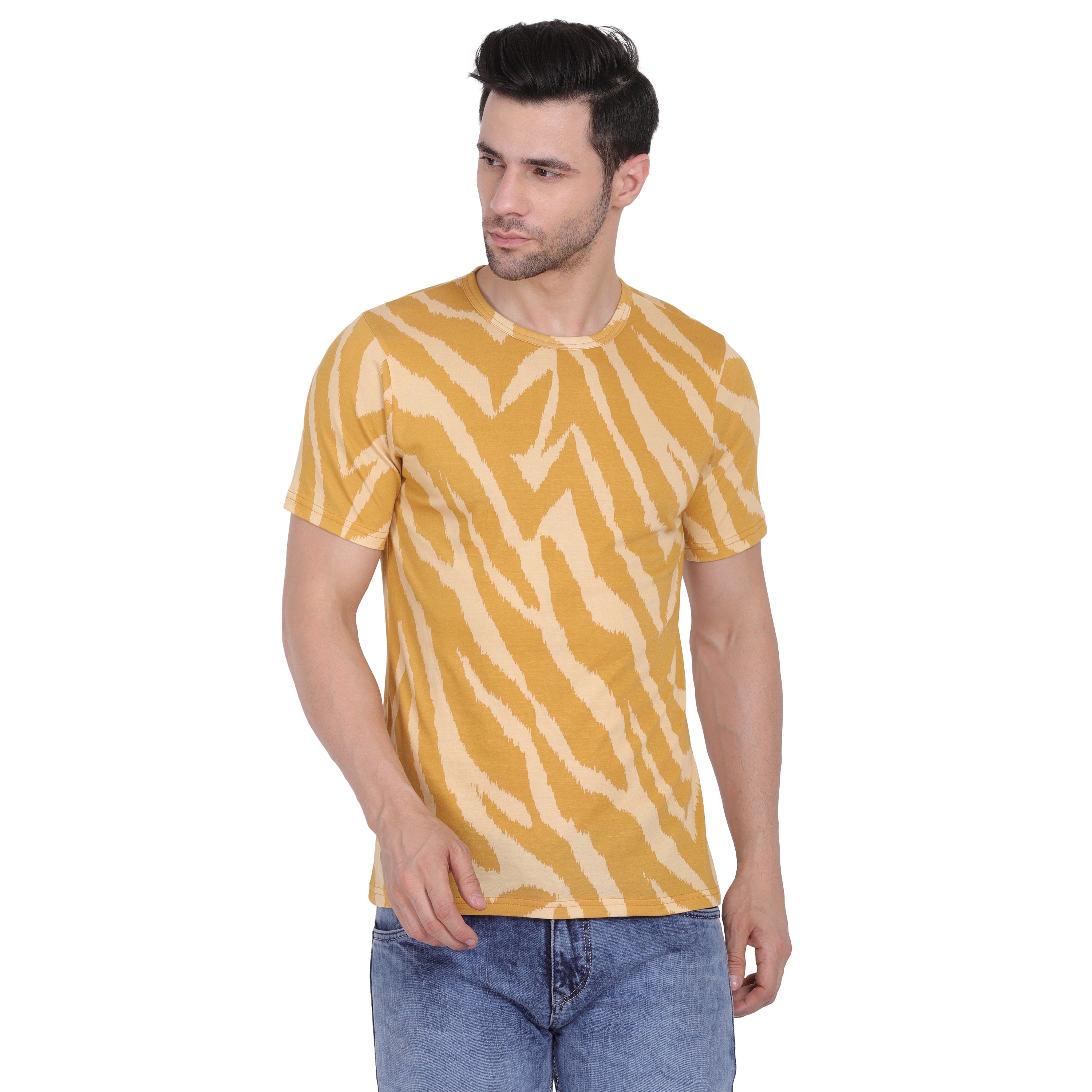 Styvibe | Styvibe Men Mustard Printed Half Sleeve Round Neck T-Shirt