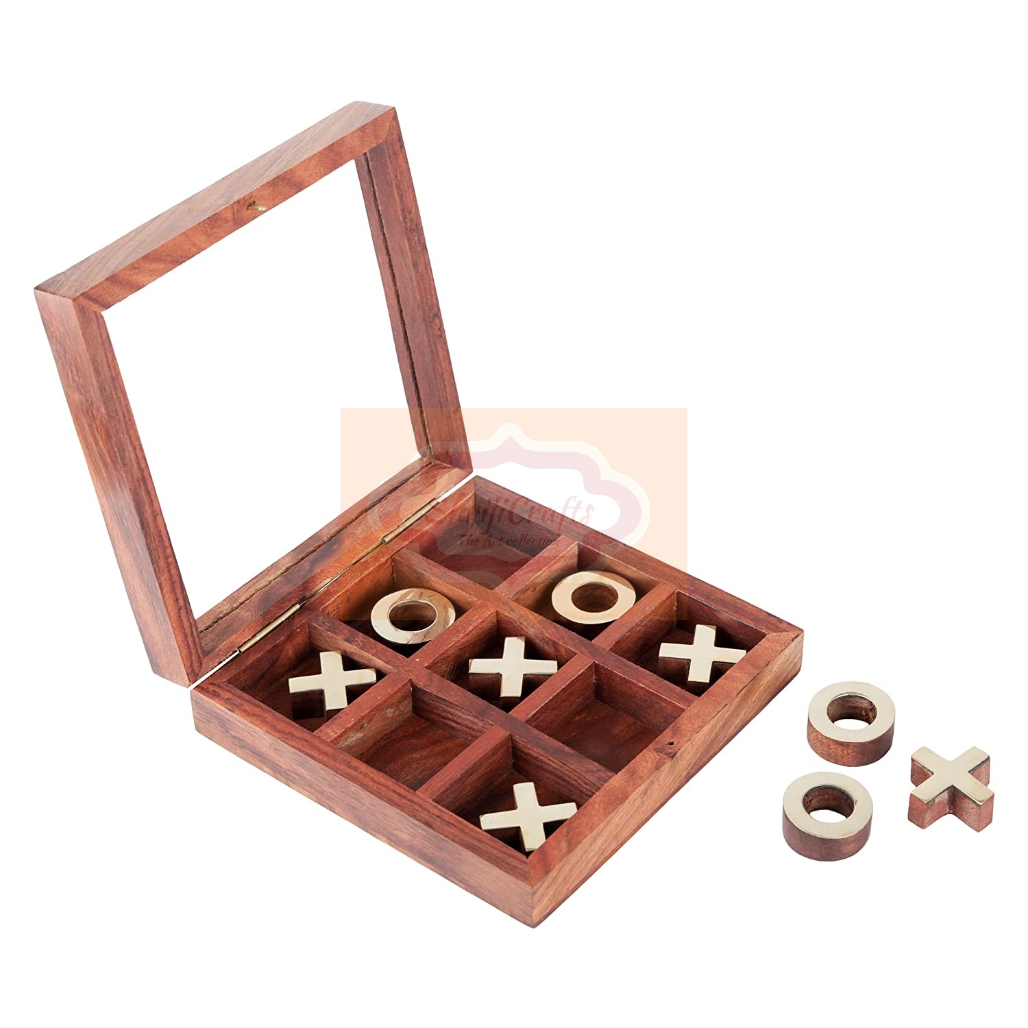 Shrijicrafts | ShrijiCrafts Tic Tac Toe Board Game Metal Naught & Crosses Storage Box with Glass Lid 