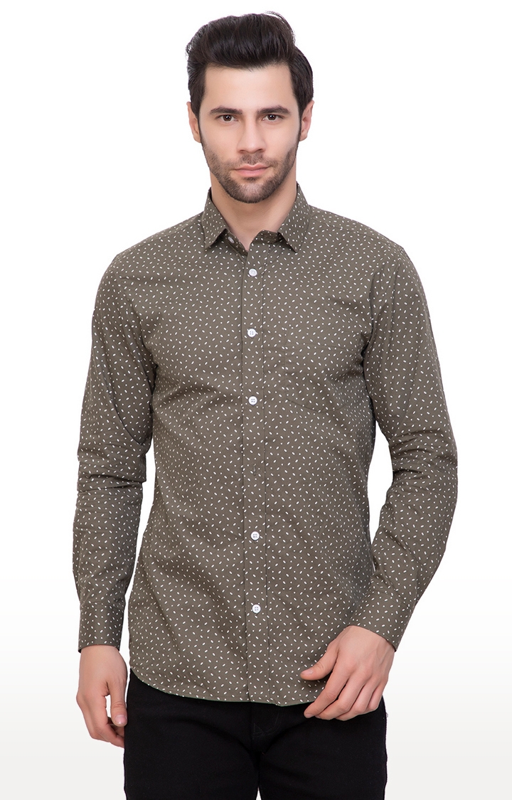 MENCHY | Menchy Olive Printed Full Sleeve Spread Collar Shirt For Men