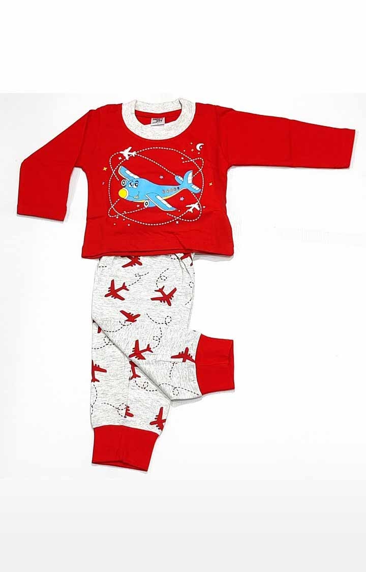 AAAKAR | Red Stylish Aeroplane Printed Full Sleeve T-Shirt And Pyjama Set
