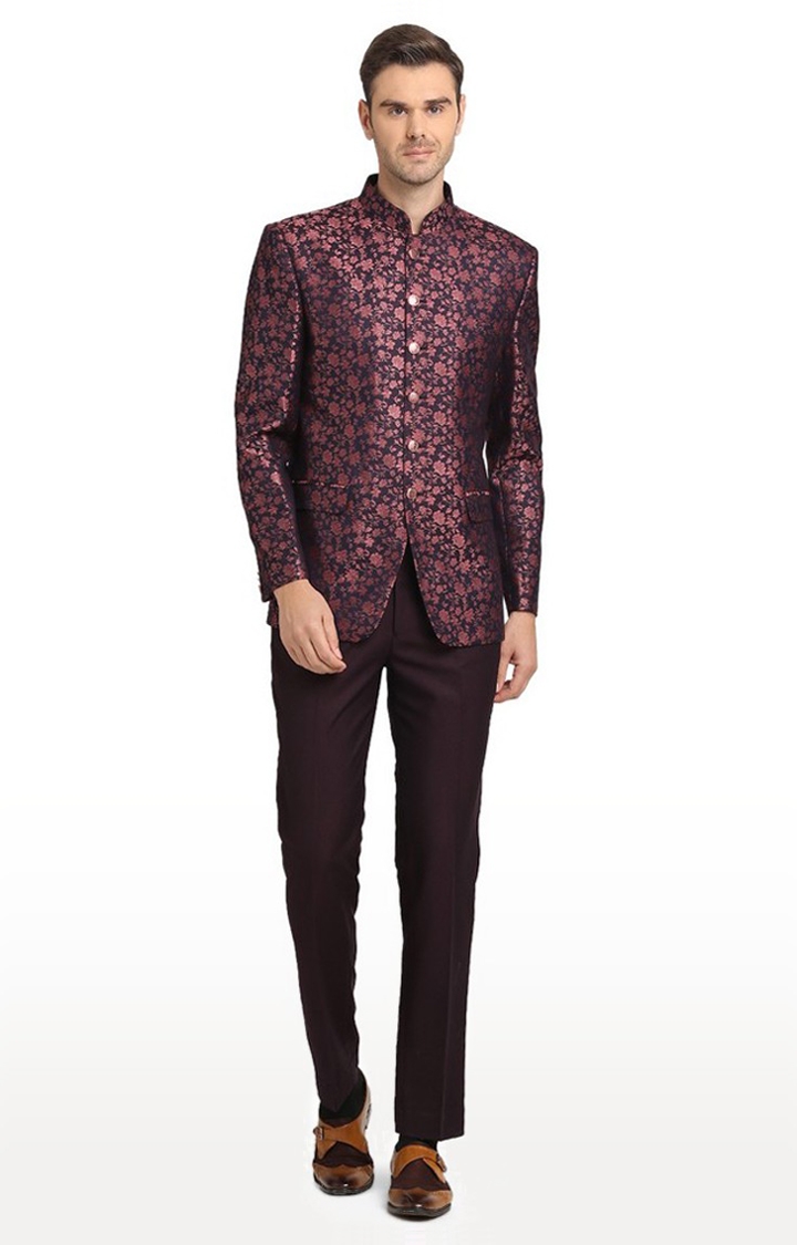 JP40269-NAVY PRPL PRINT Men's Red Silk Printed Ethnic Suit Sets