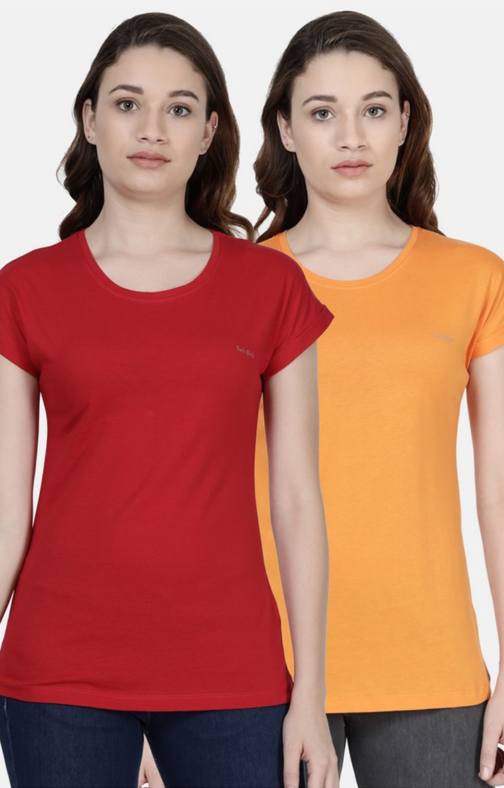 Twin Birds | Red and Orange Solid T-Shirts (Combo Pack)