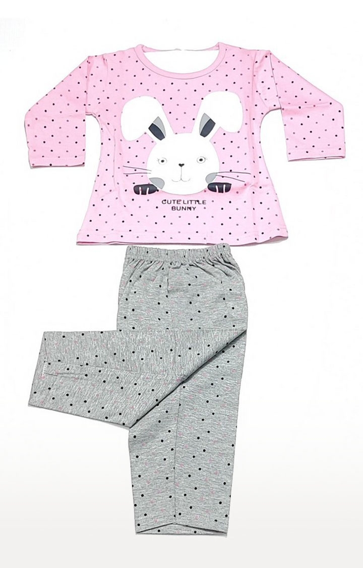 Girl's Pink Stylish Graphic Printed Cotton Blend Nightsuit Set