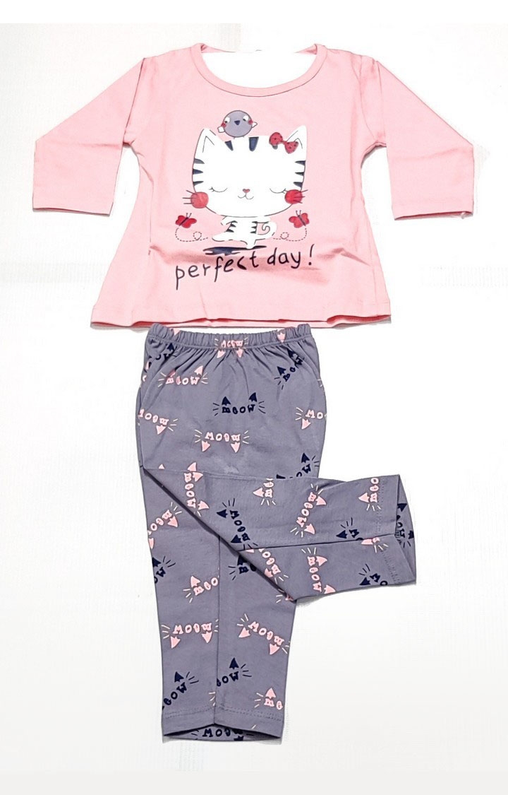 Girl's Pink Stylish Graphic Printed Cotton Blend Nightsuit Set