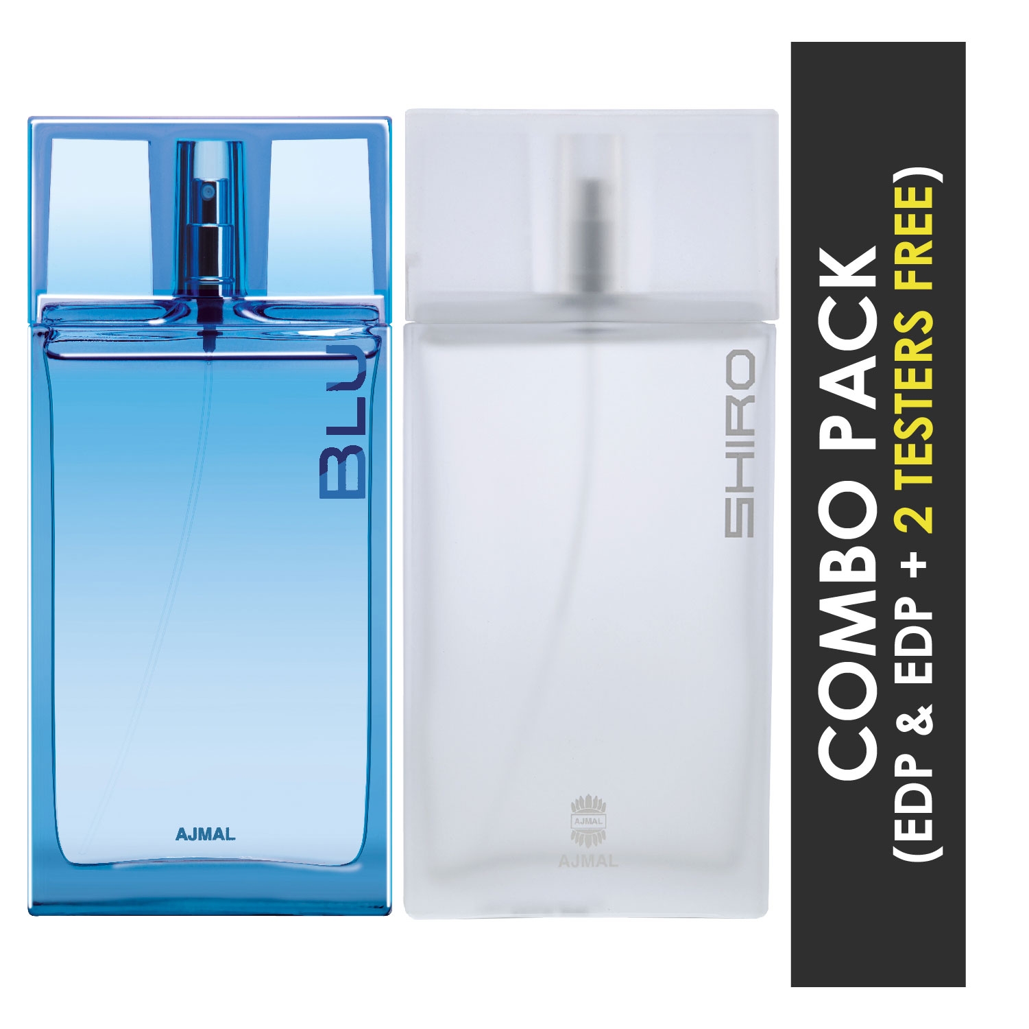 Ajmal | Ajmal Blu EDP Aquatic Woody Perfume 90ml for Men and Shiro EDP Citrus Spicy Perfume 90ml for Men + 2 Parfum Testers FREE