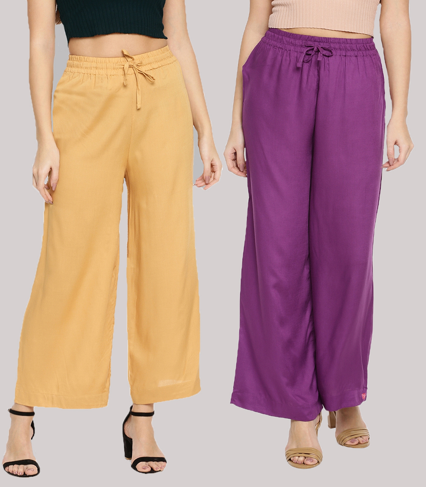Twin Birds | Twinbirds Solid  Caramel Custard & Vapour Violet Wide Leg Palazzo - Pack Of 2