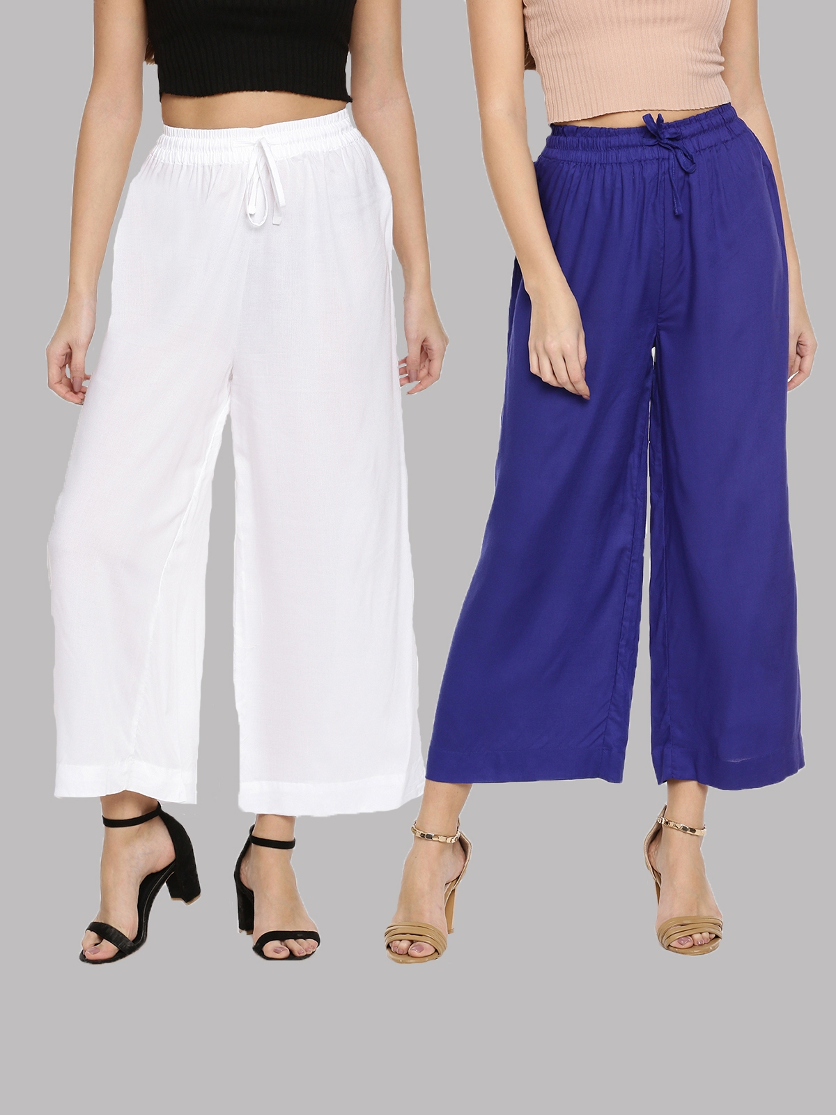 Twin Birds | Twinbirds Solid  Pearl White & Ink Blue Wide Leg Palazzo - Pack Of 2